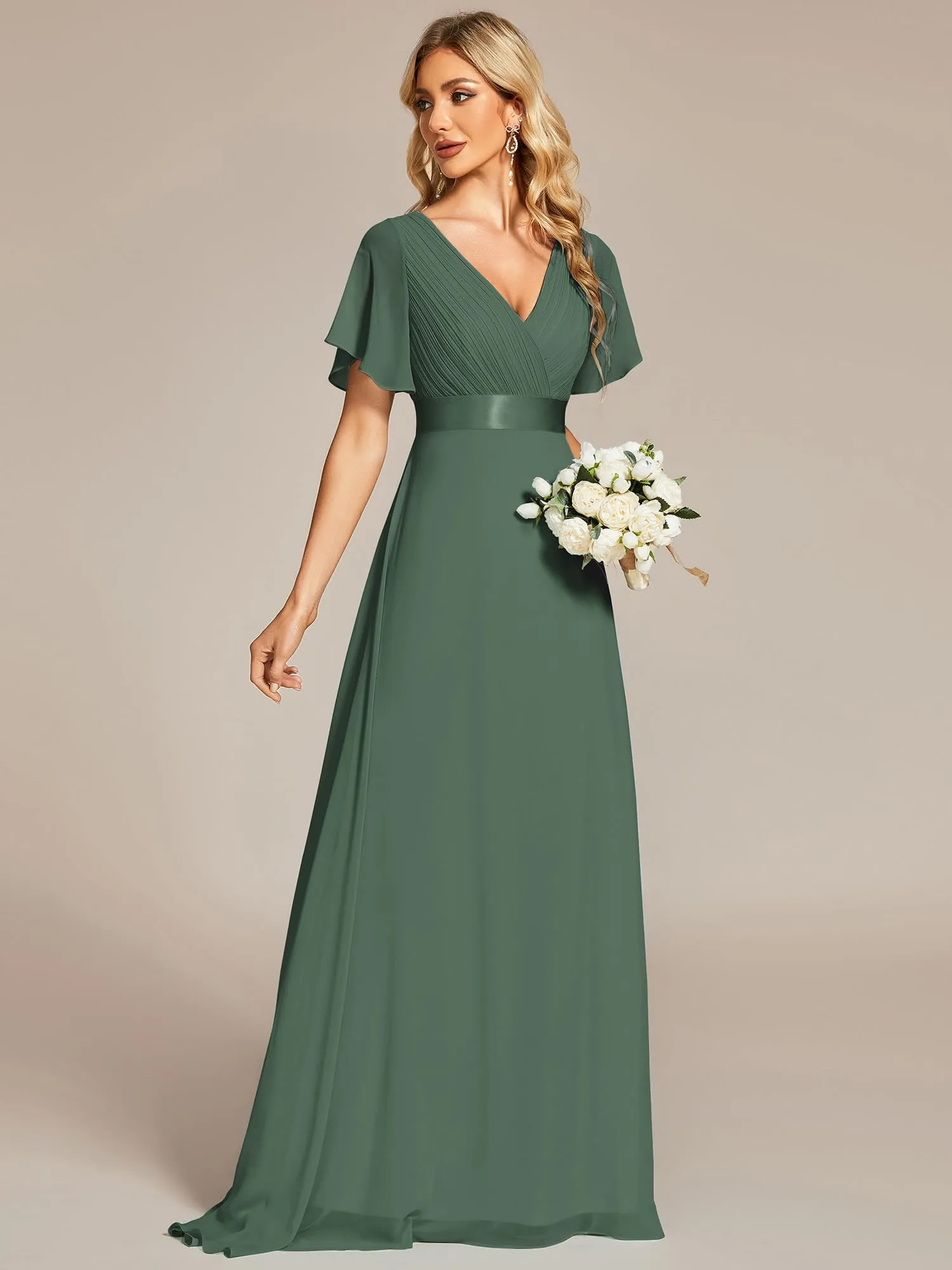 Ever-Pretty Vestito da Cerimonia Donna Scollo a V Linea ad A con Spacco Verde Eucalipto 46 - immagine 3