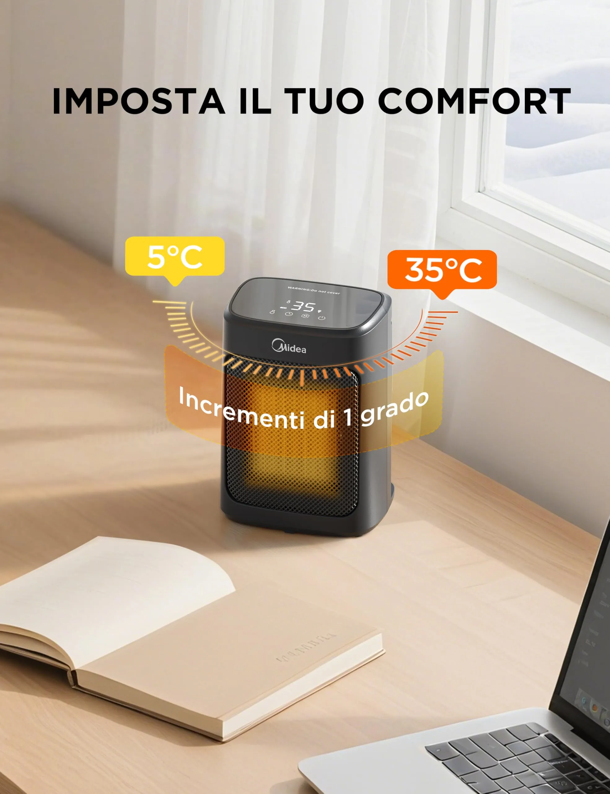 Midea Stufetta Elettrica Da Tavolo Termoventilatore Ceramico PTC 2000W, 4 Modalità, Timer 24 Ore, Modalità ECO, NT20-20ARSE(BL) - immagine 5