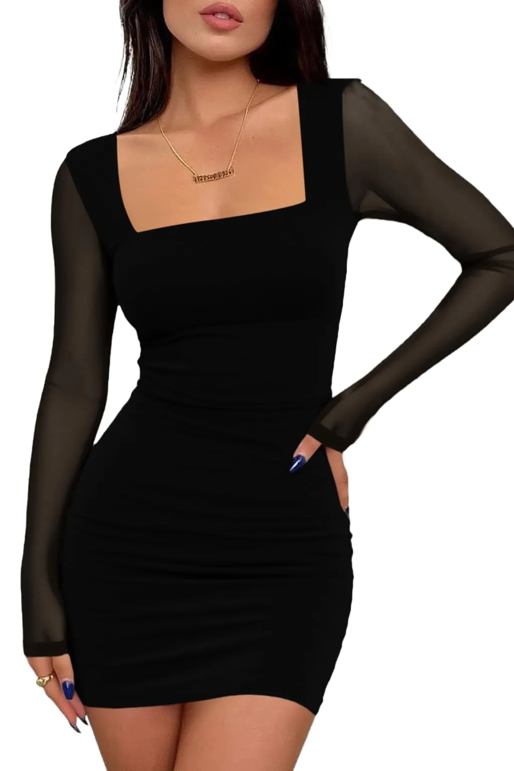 Cicy Bell Abito Donna Bodycon in Mesh a Maniche Lunghe con Scollo Quadrato, Nero, M - immagine 1