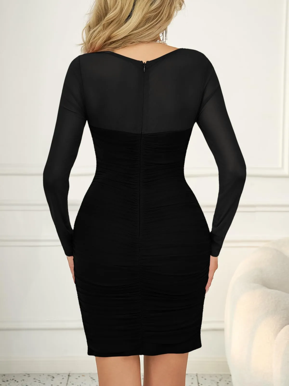 Cicy Bell Abito Bodycon in Rete a Maniche Lunghe con Scollo Quadrato, Nero, L - immagine 5