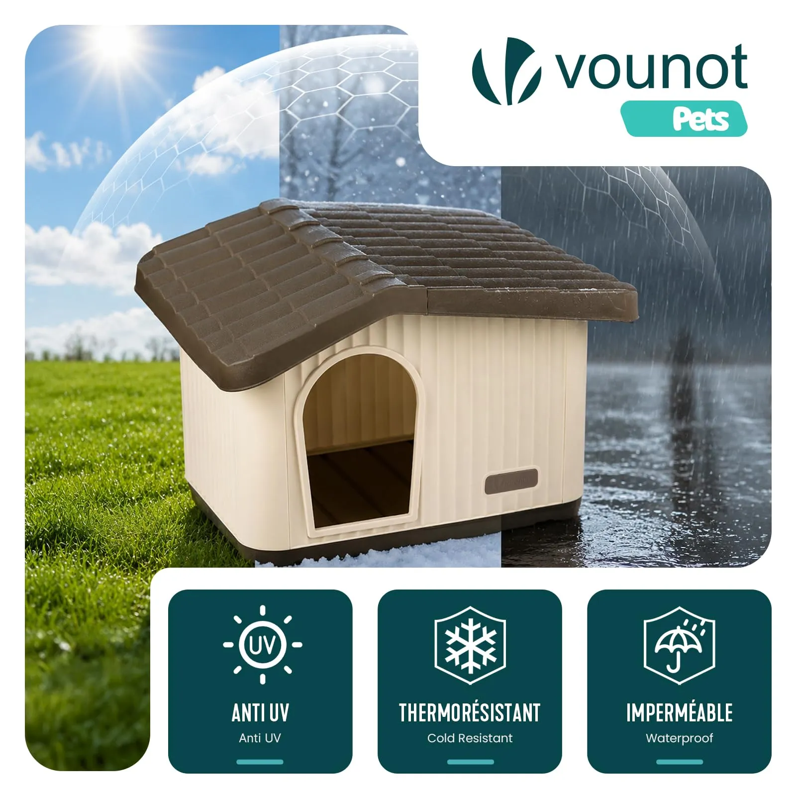 VOUNOT Cuccia Impermeabile per Gatti e Cani con Tetto Inclinato, 60x51x41 cm, Beige - immagine 4