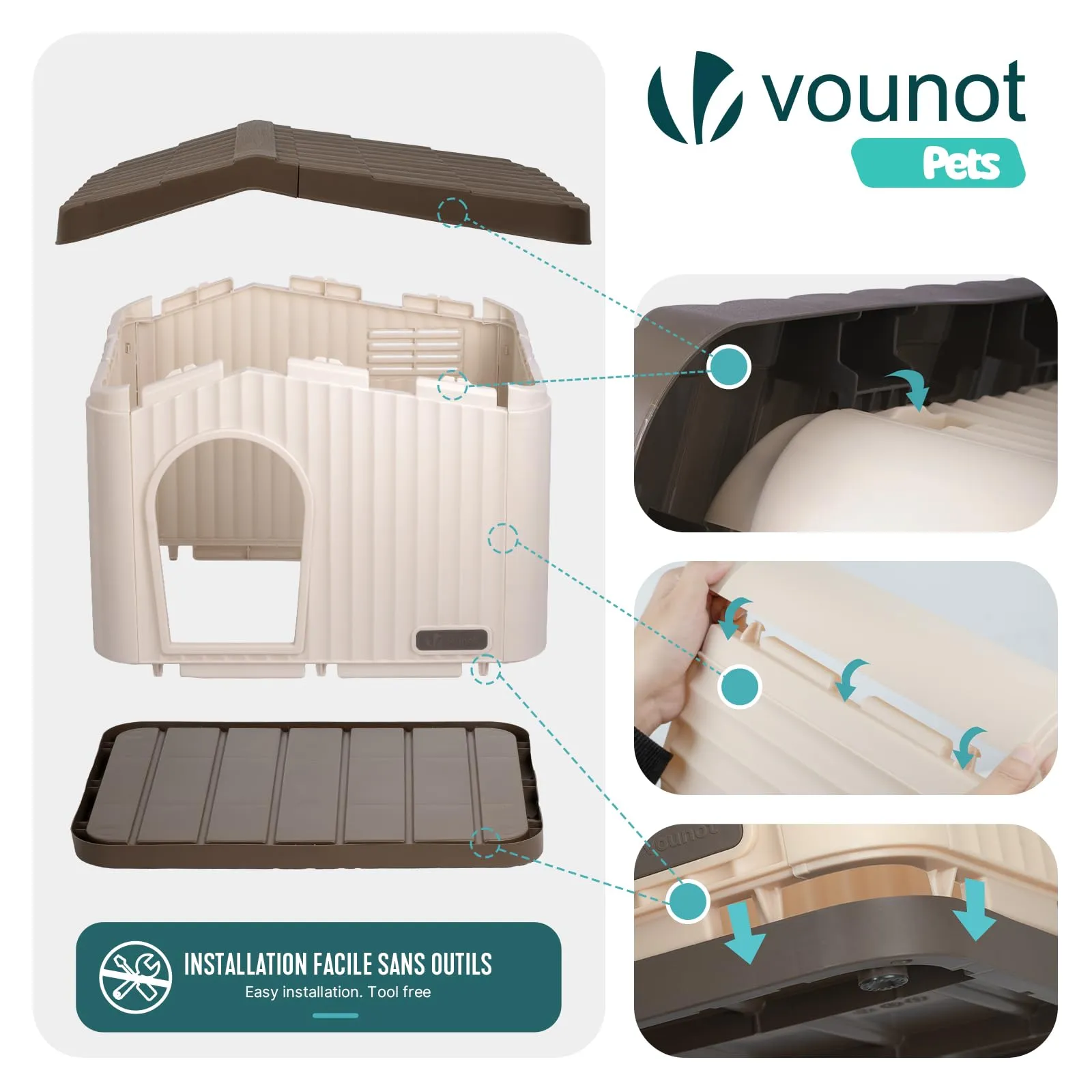 VOUNOT Cuccia Impermeabile per Gatti e Cani con Tetto Inclinato, 60x51x41 cm, Beige - immagine 7
