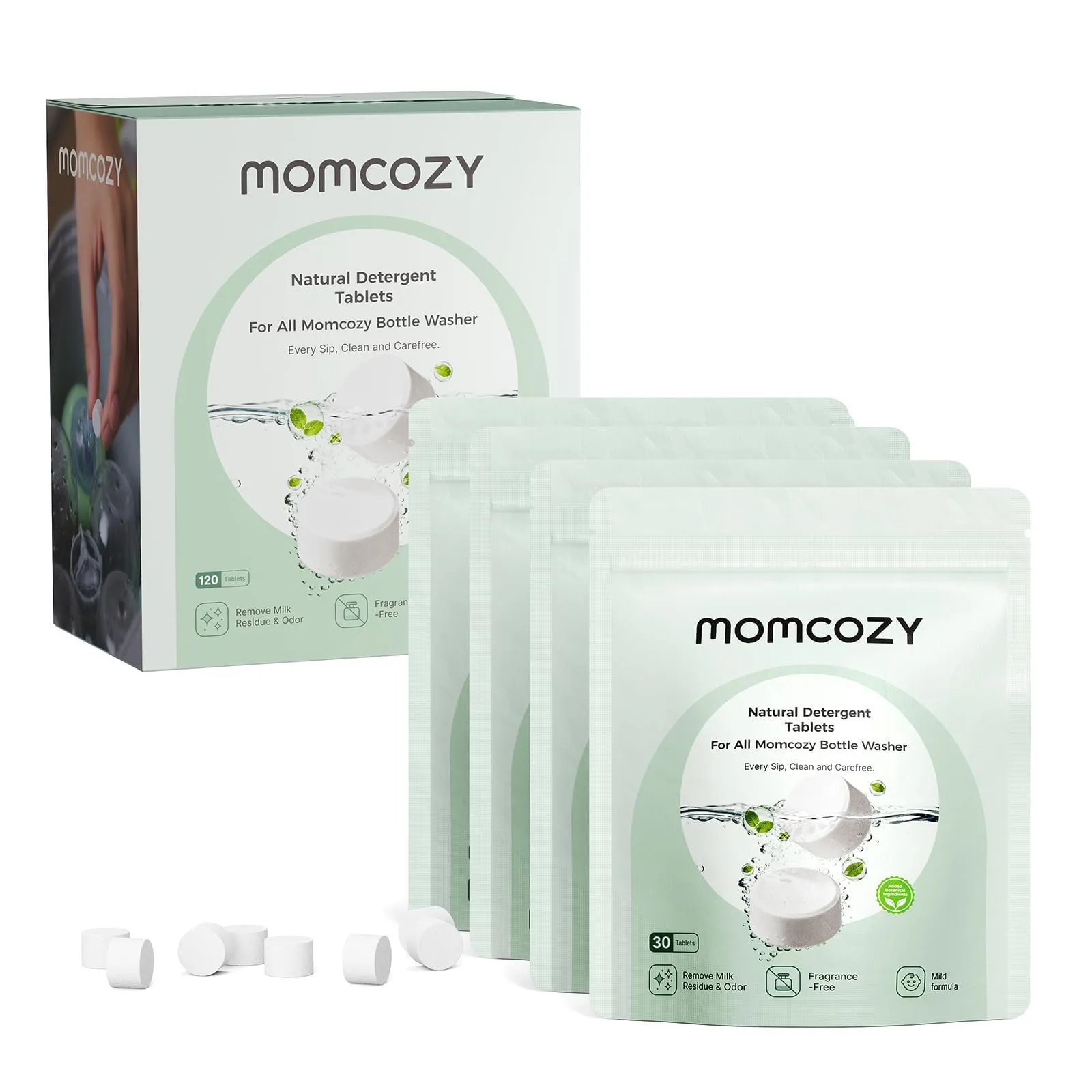 Momcozy Pastiglie Lavabiberon Ingredienti Naturali Senza Profumo, 120 unità - immagine 1