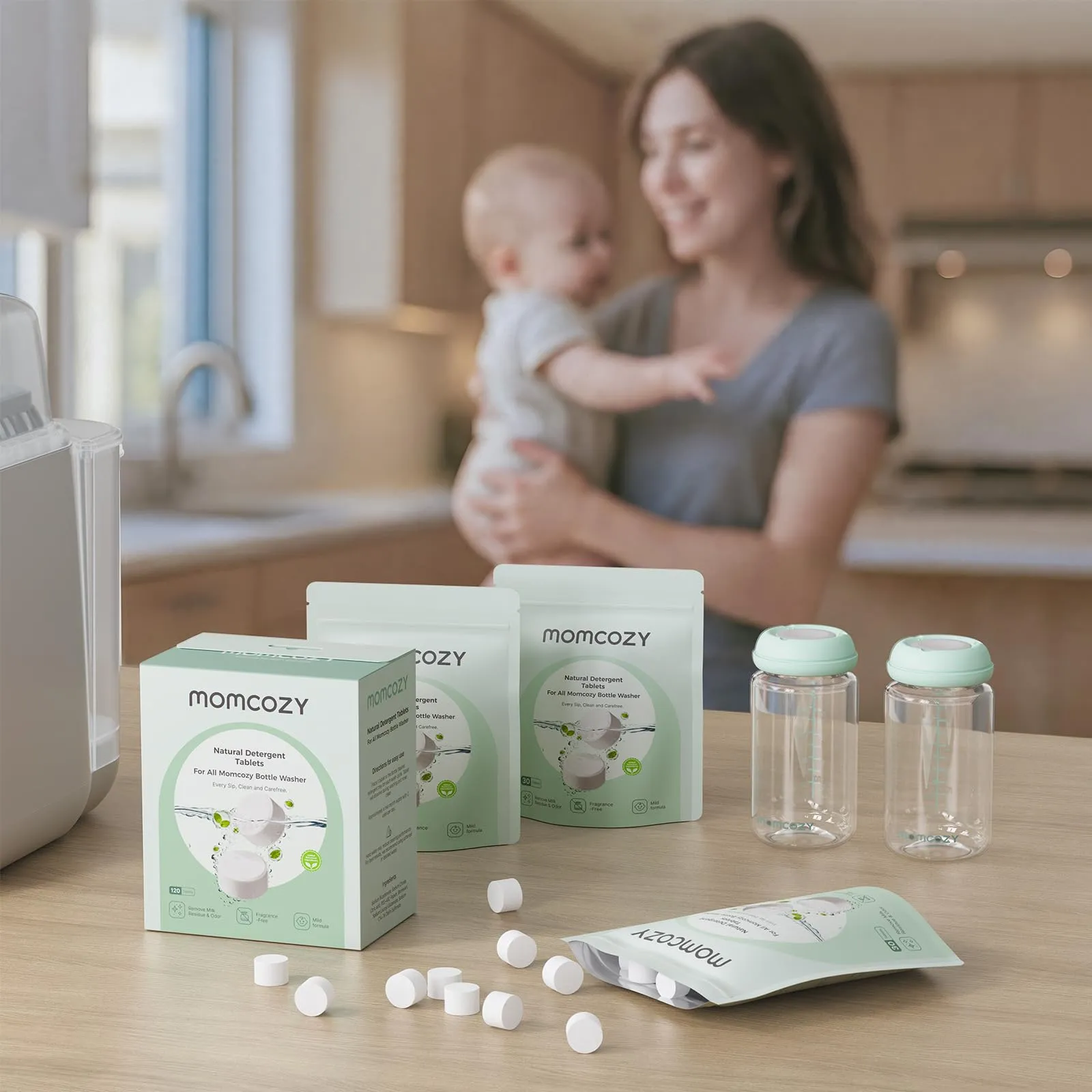 Momcozy Pastiglie Lavabiberon Ingredienti Naturali Senza Profumo, 120 unità - immagine 7