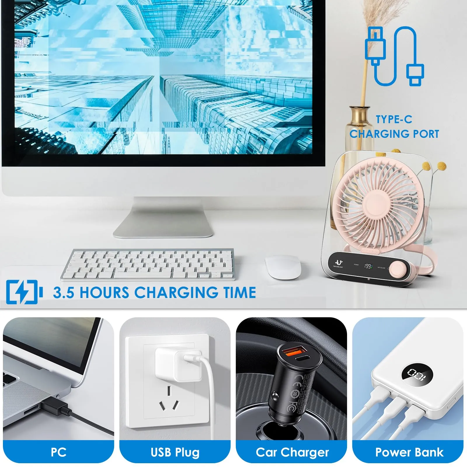 Simpeak Ventilatore da Tavolo Silenzioso USB, 199 Velocità, Portatile da Parete, 3000mAh (Rosa) - immagine 3