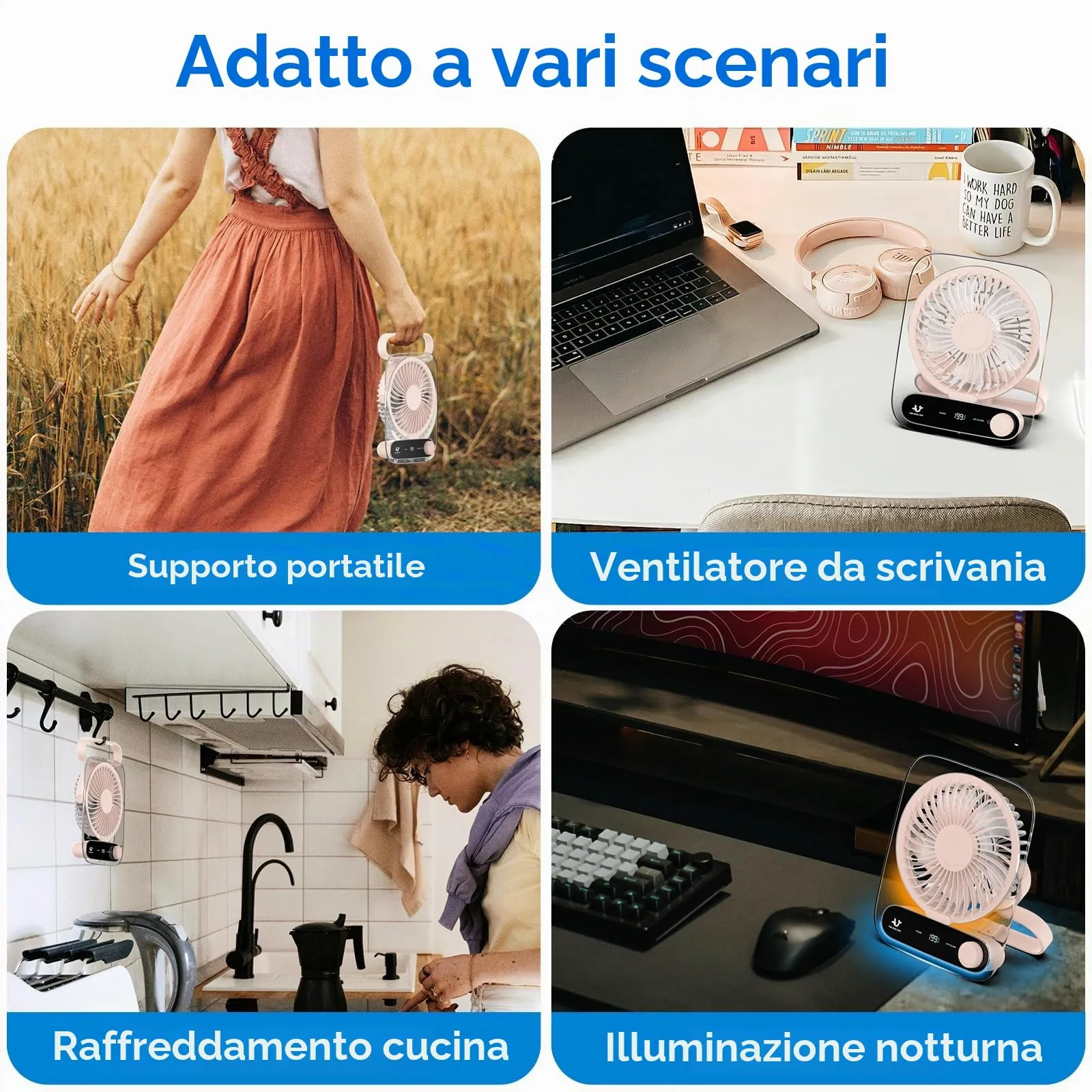 Simpeak Ventilatore da Tavolo Silenzioso USB, 199 Velocità, Portatile da Parete, 3000mAh (Rosa) - immagine 4