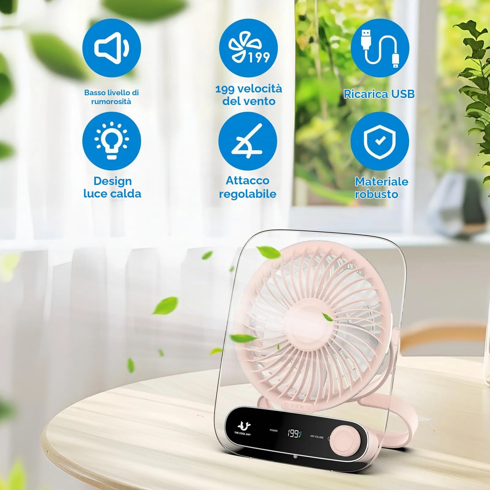 Simpeak Ventilatore da Tavolo Silenzioso USB, 199 Velocità, Portatile da Parete, 3000mAh (Rosa) - immagine 5