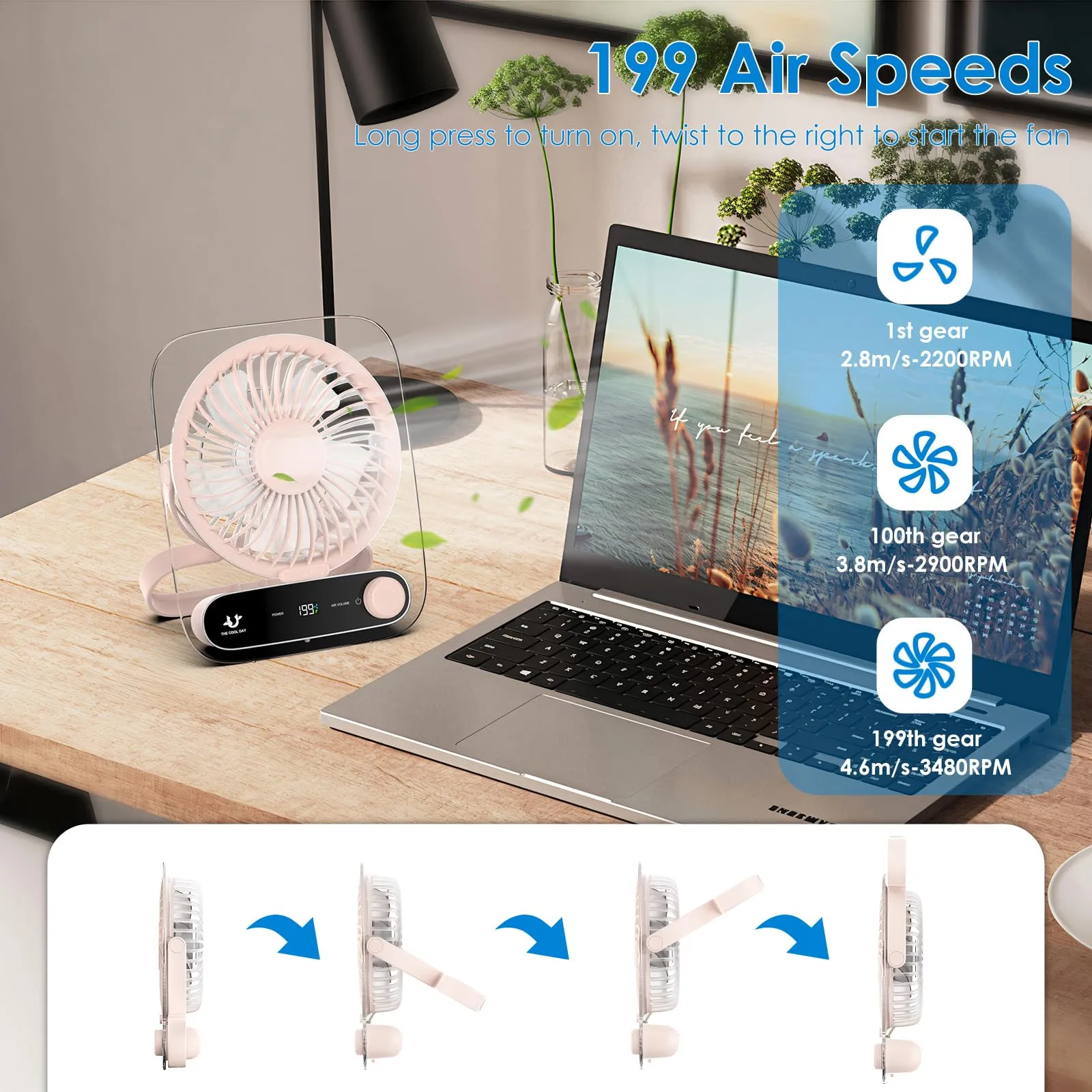 Simpeak Ventilatore da Tavolo Silenzioso USB, 199 Velocità, Portatile da Parete, 3000mAh (Rosa) - immagine 7