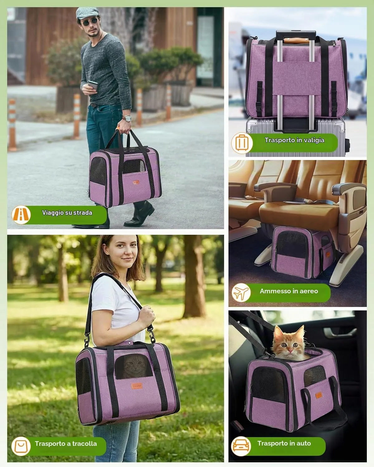 Morpilot Trasportino per Gatti e Cani, 44 x 31 x 34 cm, Borsa da Viaggio Pieghevole fino a 6 kg, Viola Chiaro - immagine 4
