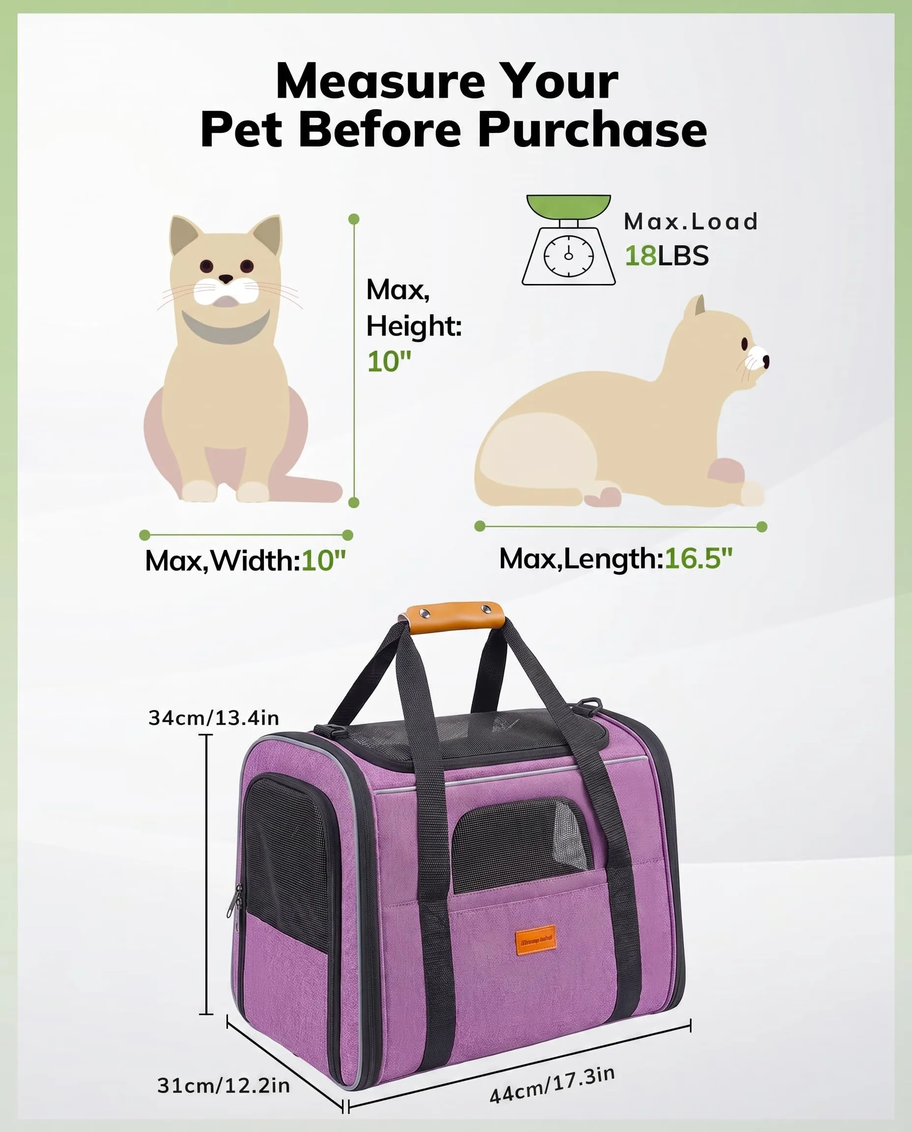 Morpilot Trasportino per Gatti e Cani, 44 x 31 x 34 cm, Borsa da Viaggio Pieghevole fino a 6 kg, Viola Chiaro - immagine 6