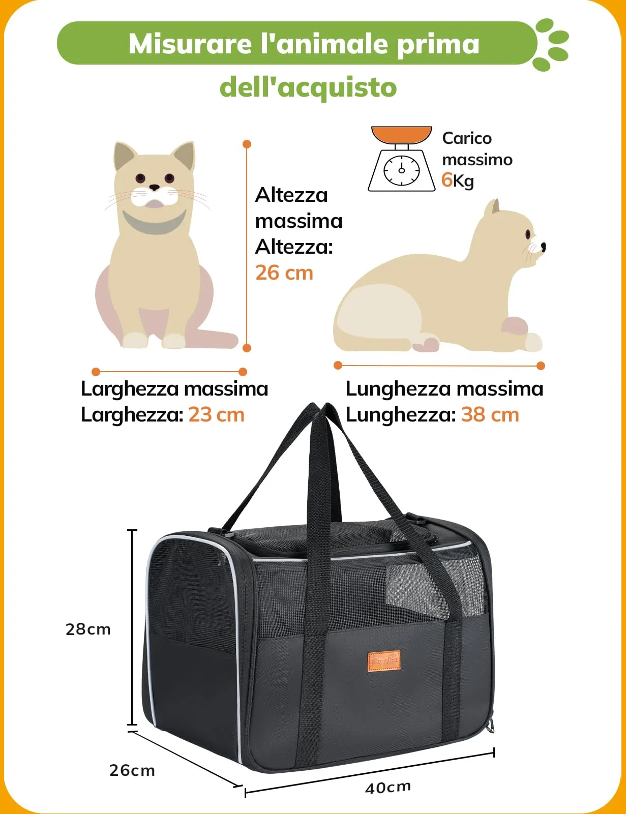 Morpilot Trasportino per Gatti e Cani, 40x26x28cm, Borsa da Viaggio Pieghevole fino a 6 kg con Guinzaglio Interno - immagine 2