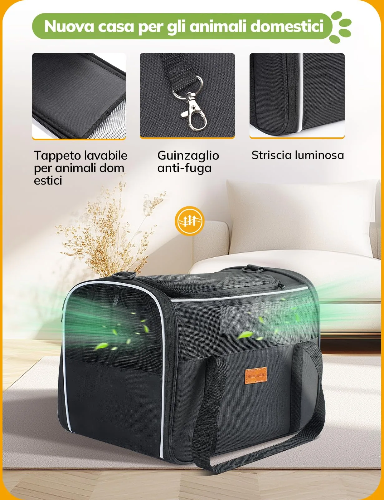 Morpilot Trasportino per Gatti e Cani, 40x26x28cm, Borsa da Viaggio Pieghevole fino a 6 kg con Guinzaglio Interno - immagine 6