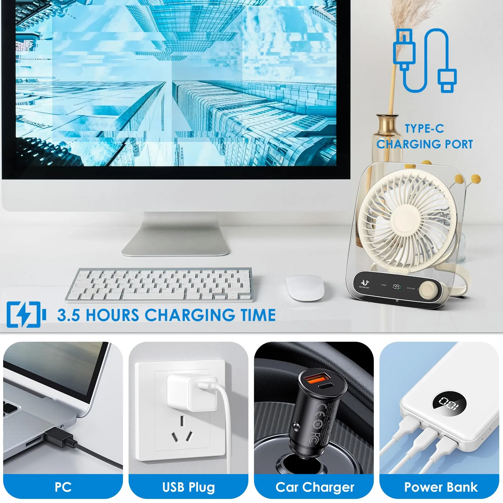 Simpeak Ventilatore da Tavolo Portatile USB JF136, 199 Velocità, 3000mAh, Bianco - immagine 3