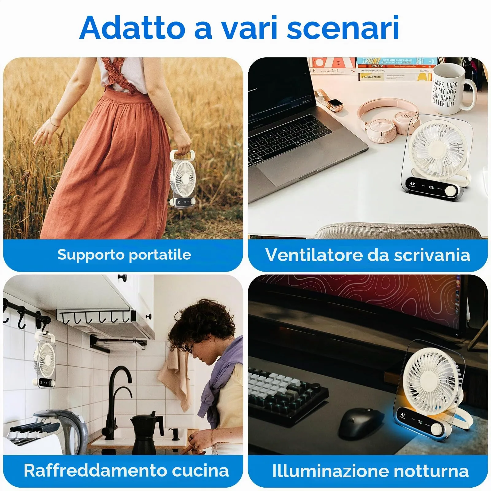 Simpeak Ventilatore da Tavolo Portatile USB JF136, 199 Velocità, 3000mAh, Bianco - immagine 4