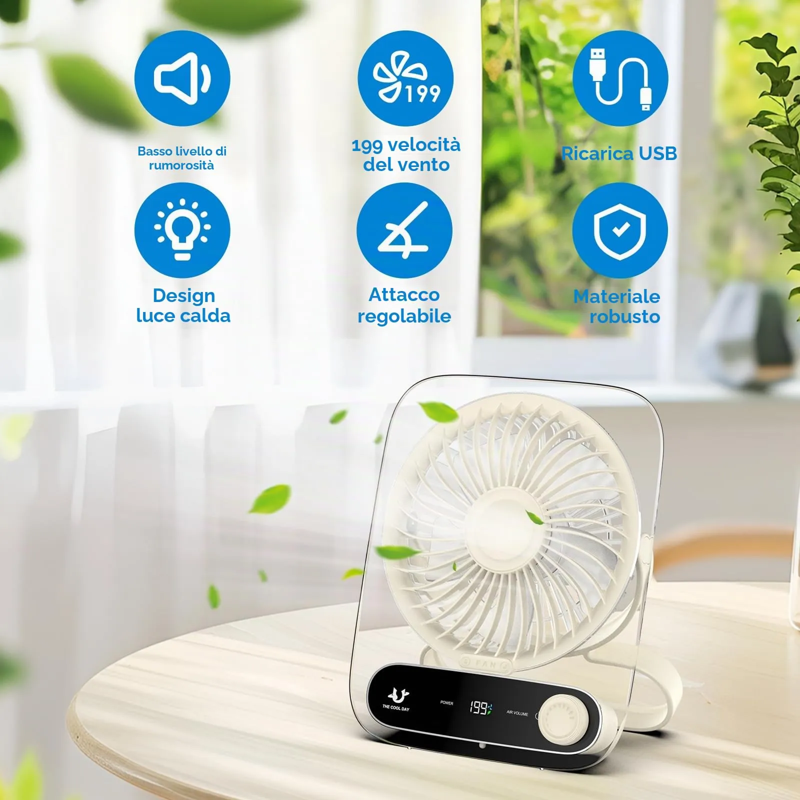 Simpeak Ventilatore da Tavolo Portatile USB JF136, 199 Velocità, 3000mAh, Bianco - immagine 5