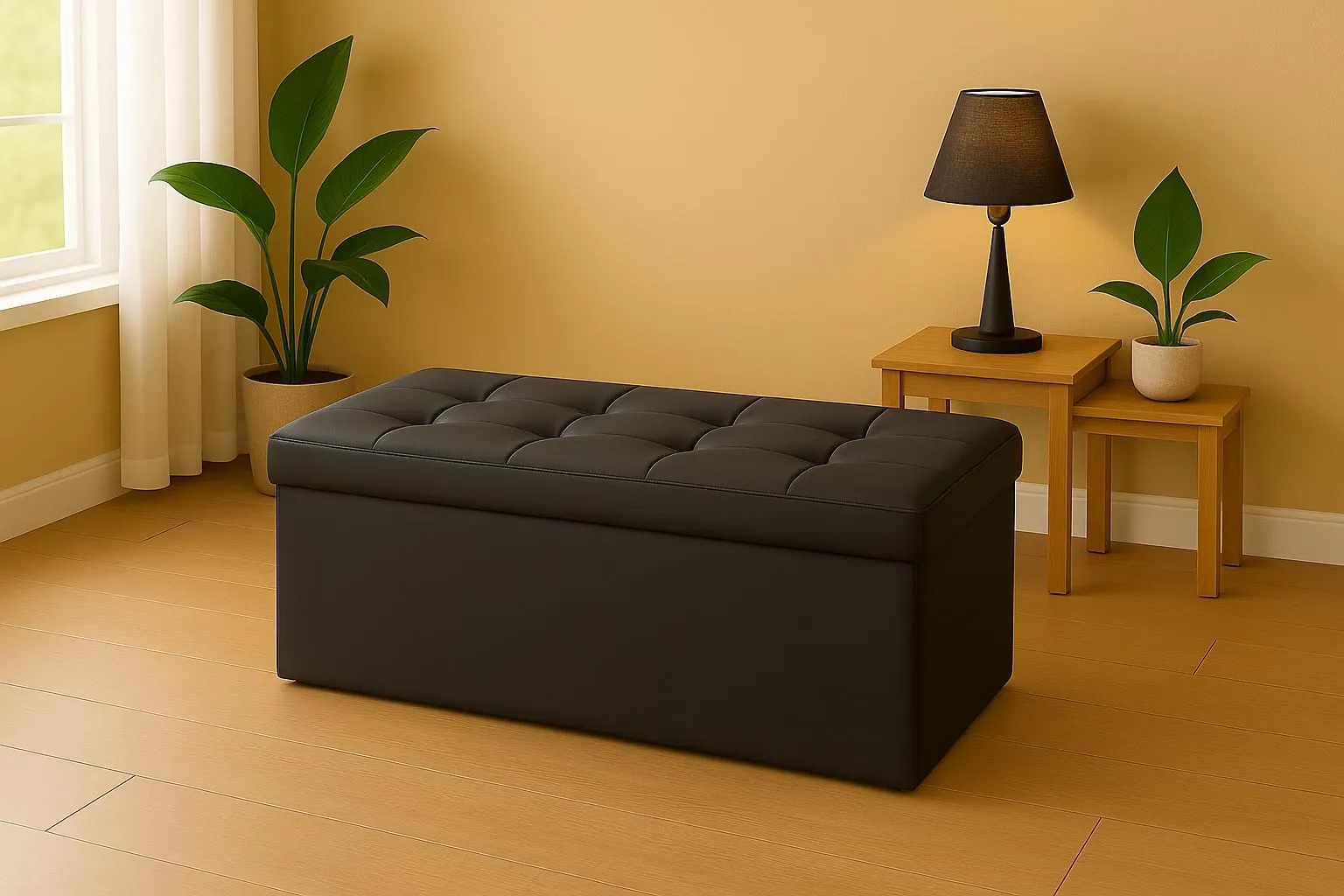 GX GARGIX Pouf Panca Imbottita con Vano Contenitore Baule Trapuntato in Ecopelle, Les-4 Nero - immagine 1