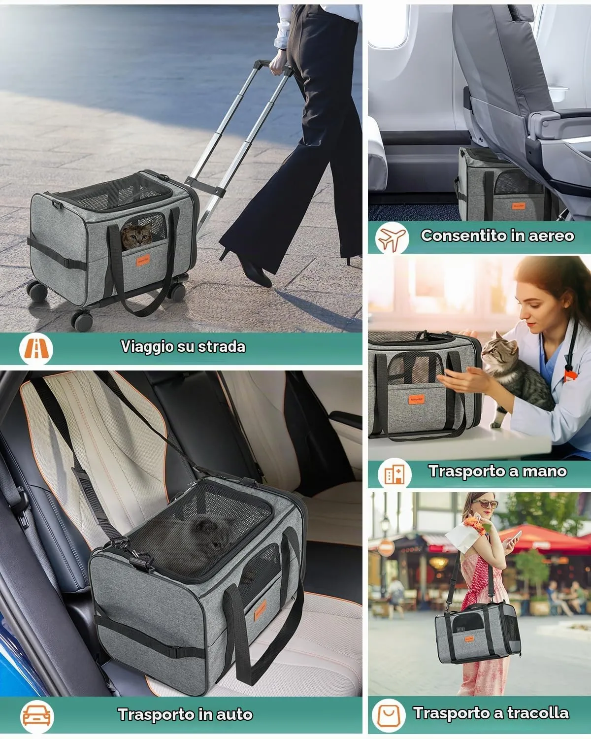 Morpilot Trasportino per gatti e cani di piccola taglia con ruote, approvato dalle compagnie aeree, 43 x 28 x 28 cm, grigio - immagine 2