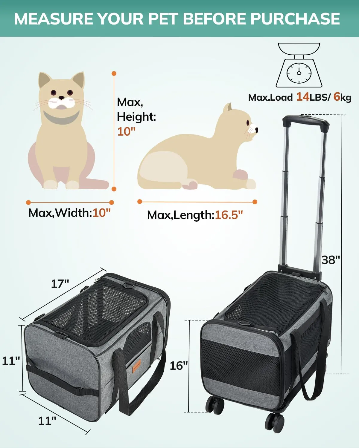 Morpilot Trasportino per gatti e cani di piccola taglia con ruote, approvato dalle compagnie aeree, 43 x 28 x 28 cm, grigio - immagine 4