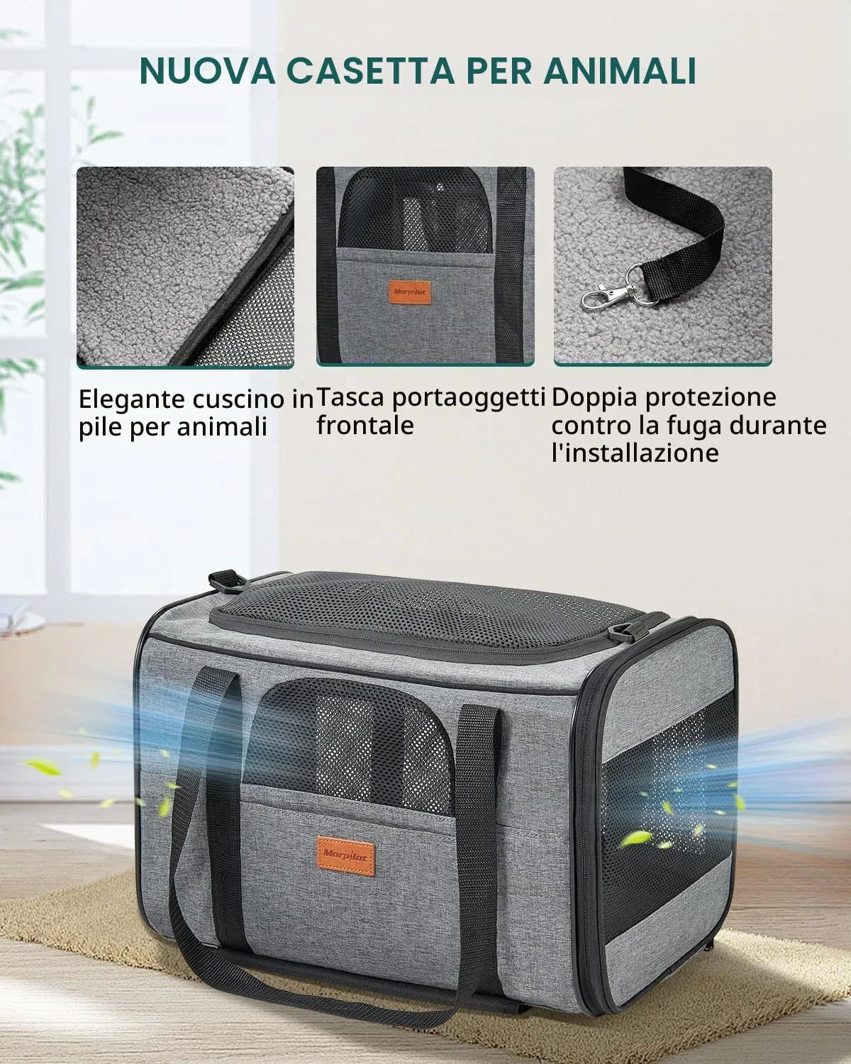 Morpilot Trasportino per gatti e cani di piccola taglia con ruote, approvato dalle compagnie aeree, 43 x 28 x 28 cm, grigio - immagine 7