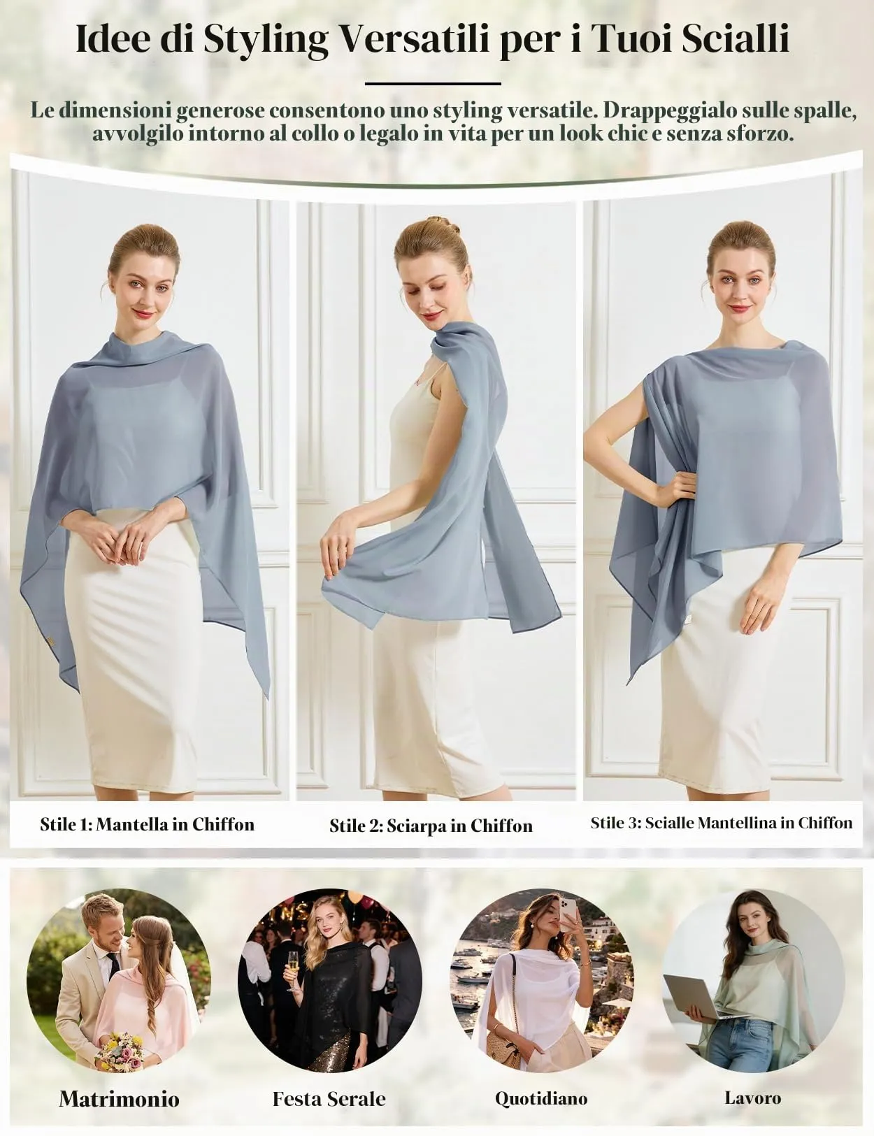 BEAUTELICATE Scialle Elegante Donna Poncho Coprispalle in Chiffon, Blu Polveroso - immagine 2