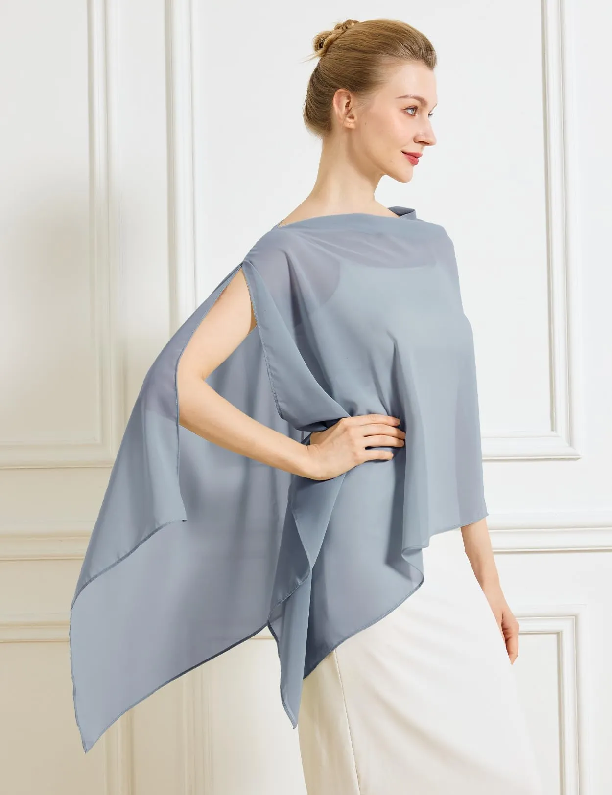 BEAUTELICATE Scialle Elegante Donna Poncho Coprispalle in Chiffon, Blu Polveroso - immagine 3