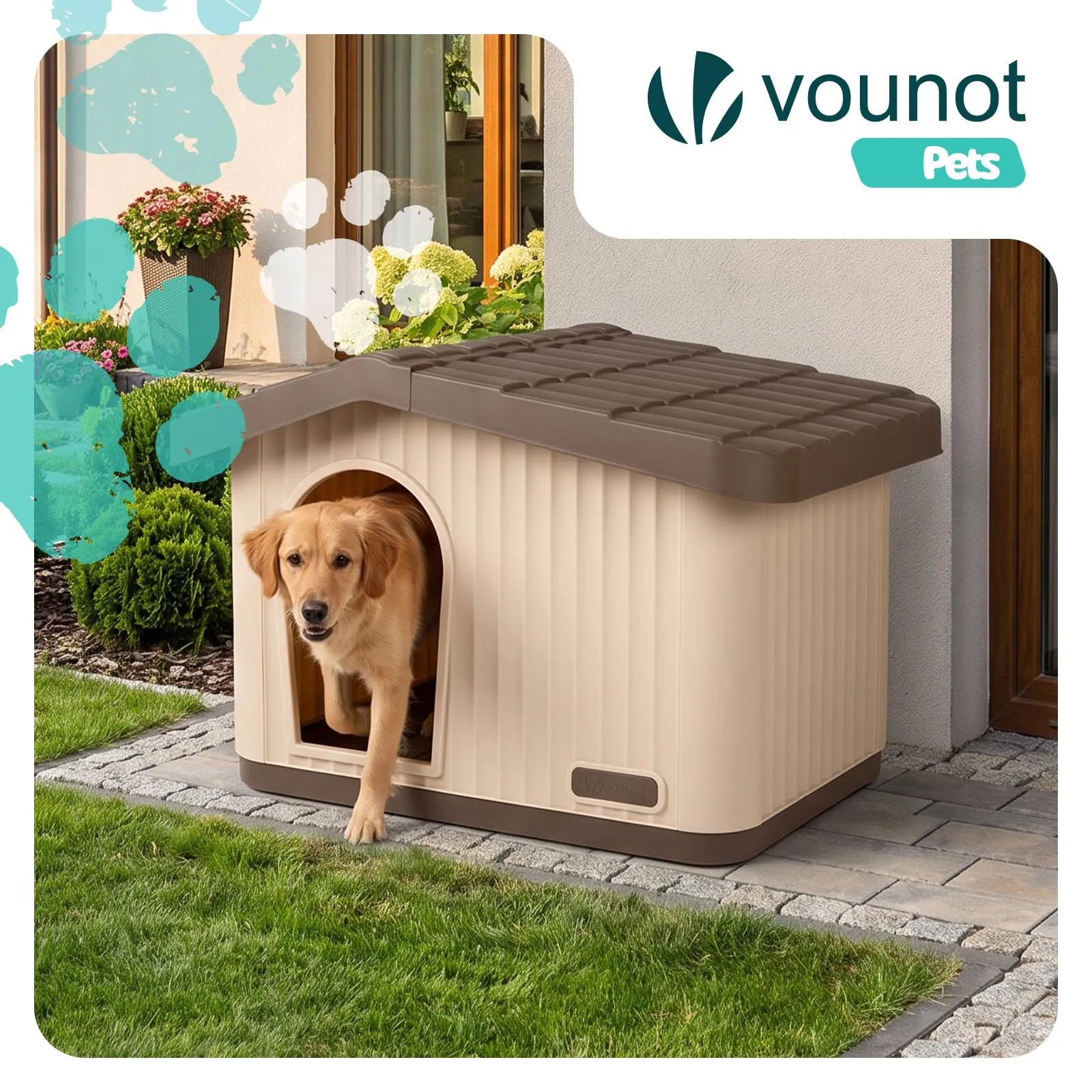 VOUNOT Cuccia Impermeabile per Gatti e Cani con Tetto Inclinato, 75x63x51 cm, Beige - immagine 2