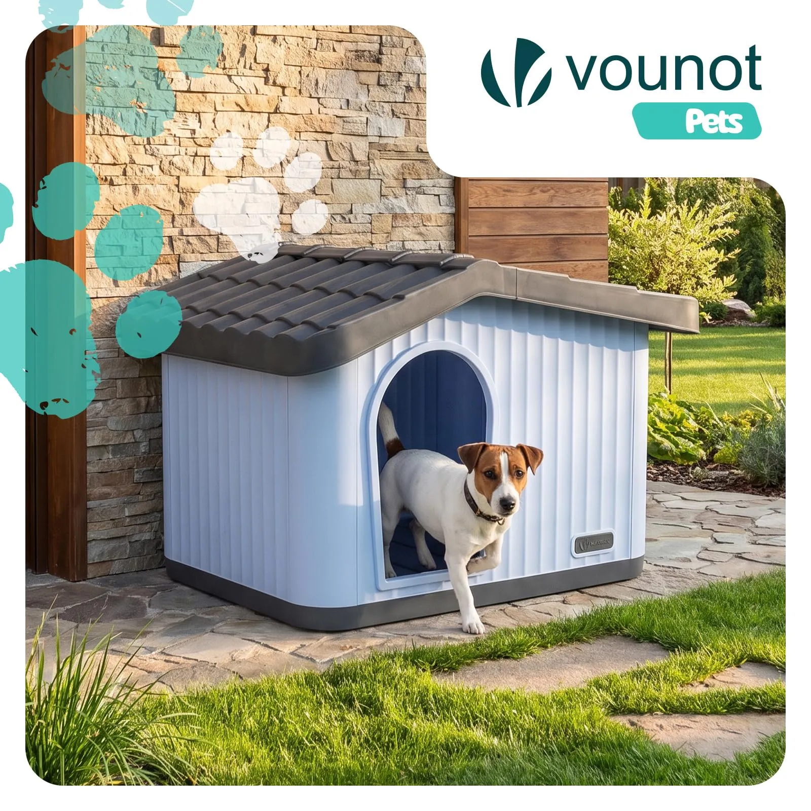 VOUNOT Cuccia Impermeabile per Gatti e Cani con Tetto Inclinato, 60x51x41 cm, Bianco - immagine 2