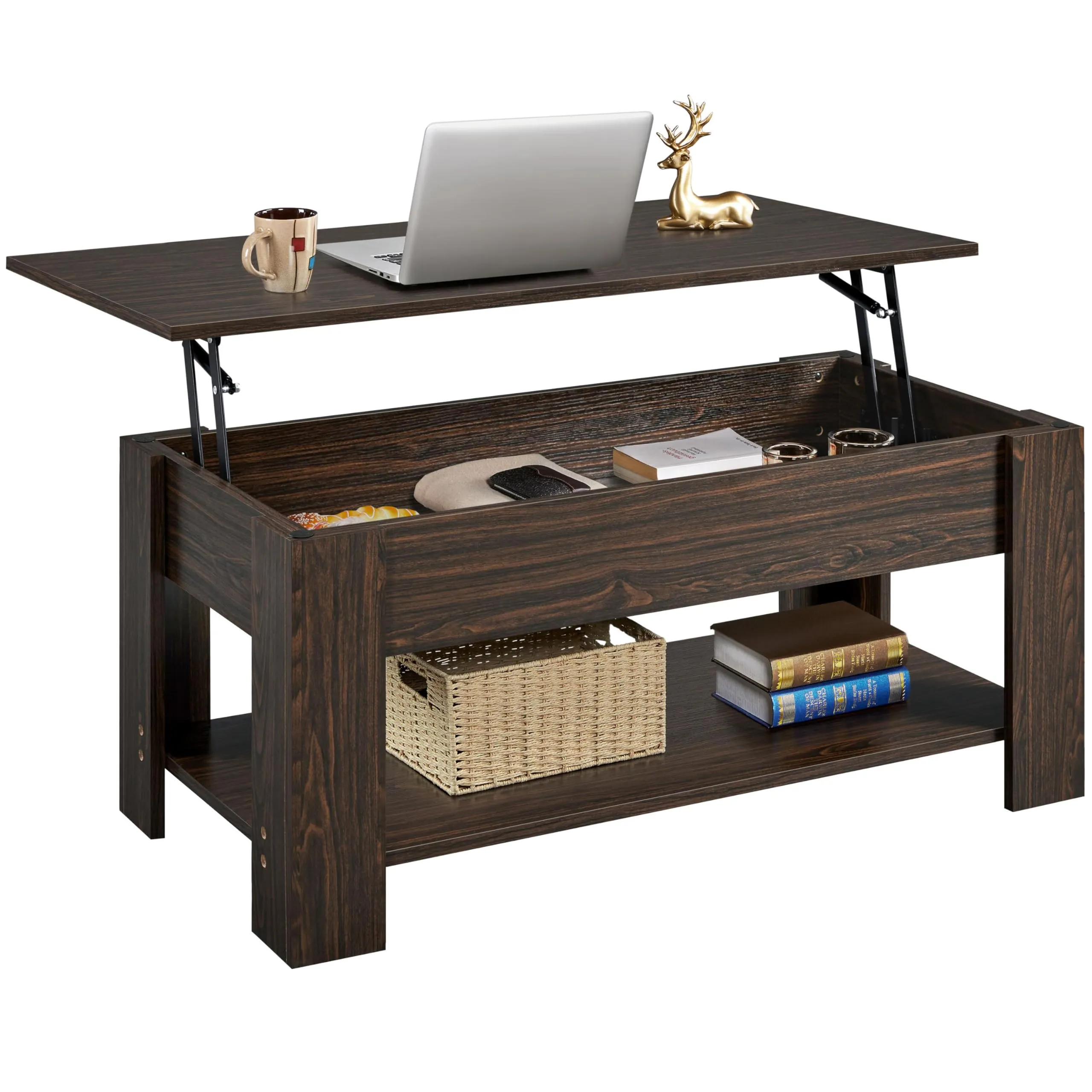 Yaheetech Tavolino da Caffè Sollevabile, 120 x 60 x 49,5-62,5 cm, Marrone - immagine 1