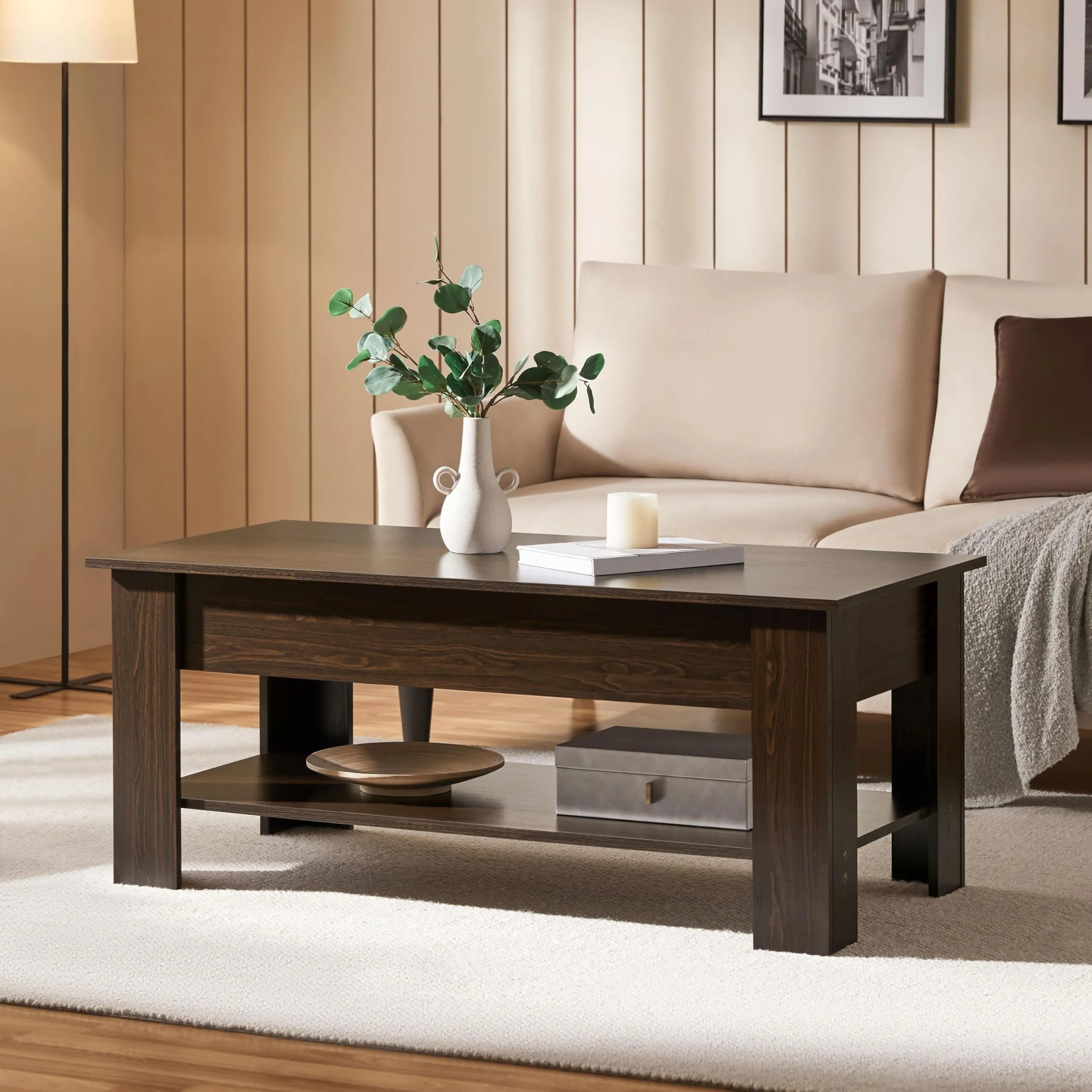 Yaheetech Tavolino da Caffè Sollevabile, 120 x 60 x 49,5-62,5 cm, Marrone - immagine 2