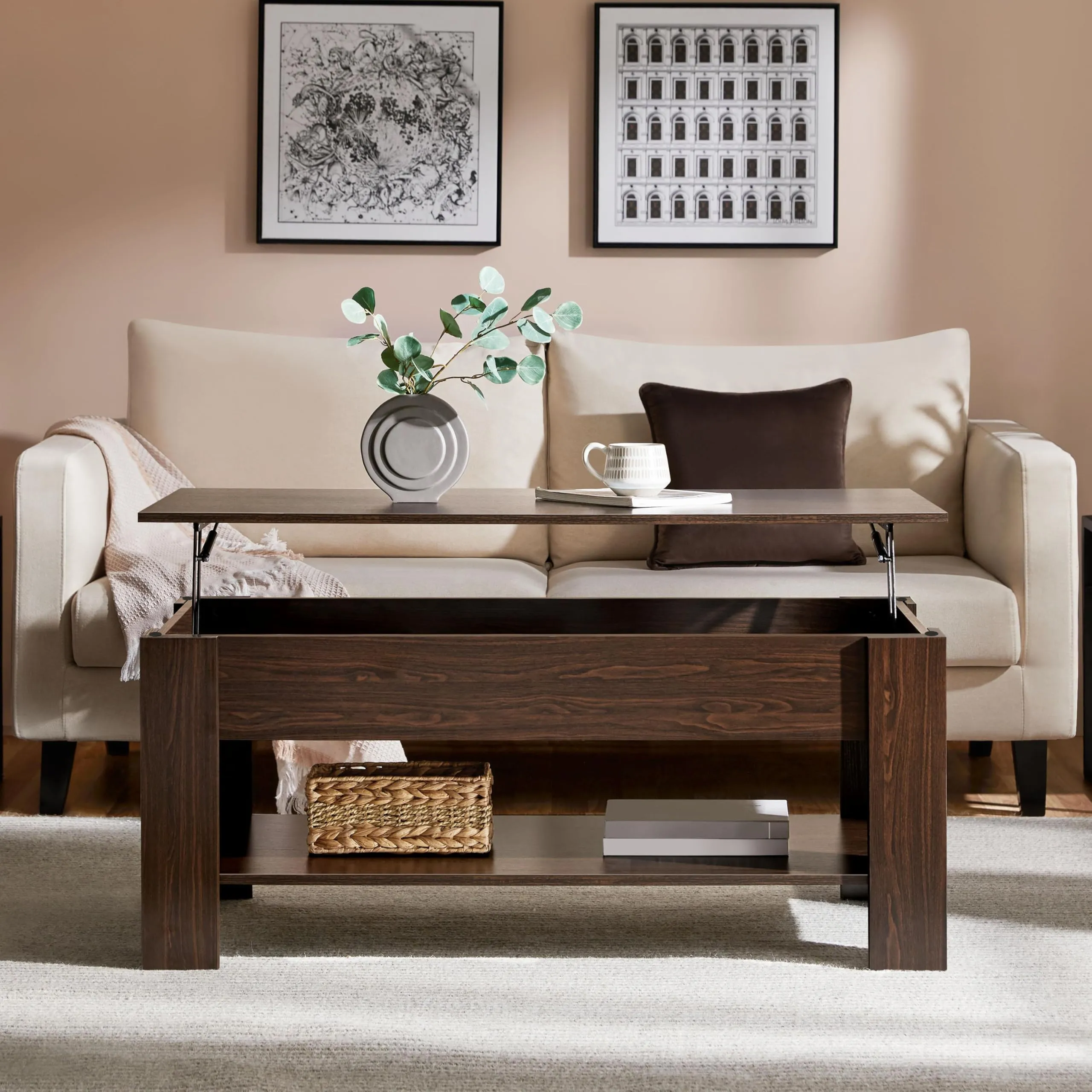 Yaheetech Tavolino da Caffè Sollevabile, 120 x 60 x 49,5-62,5 cm, Marrone - immagine 4