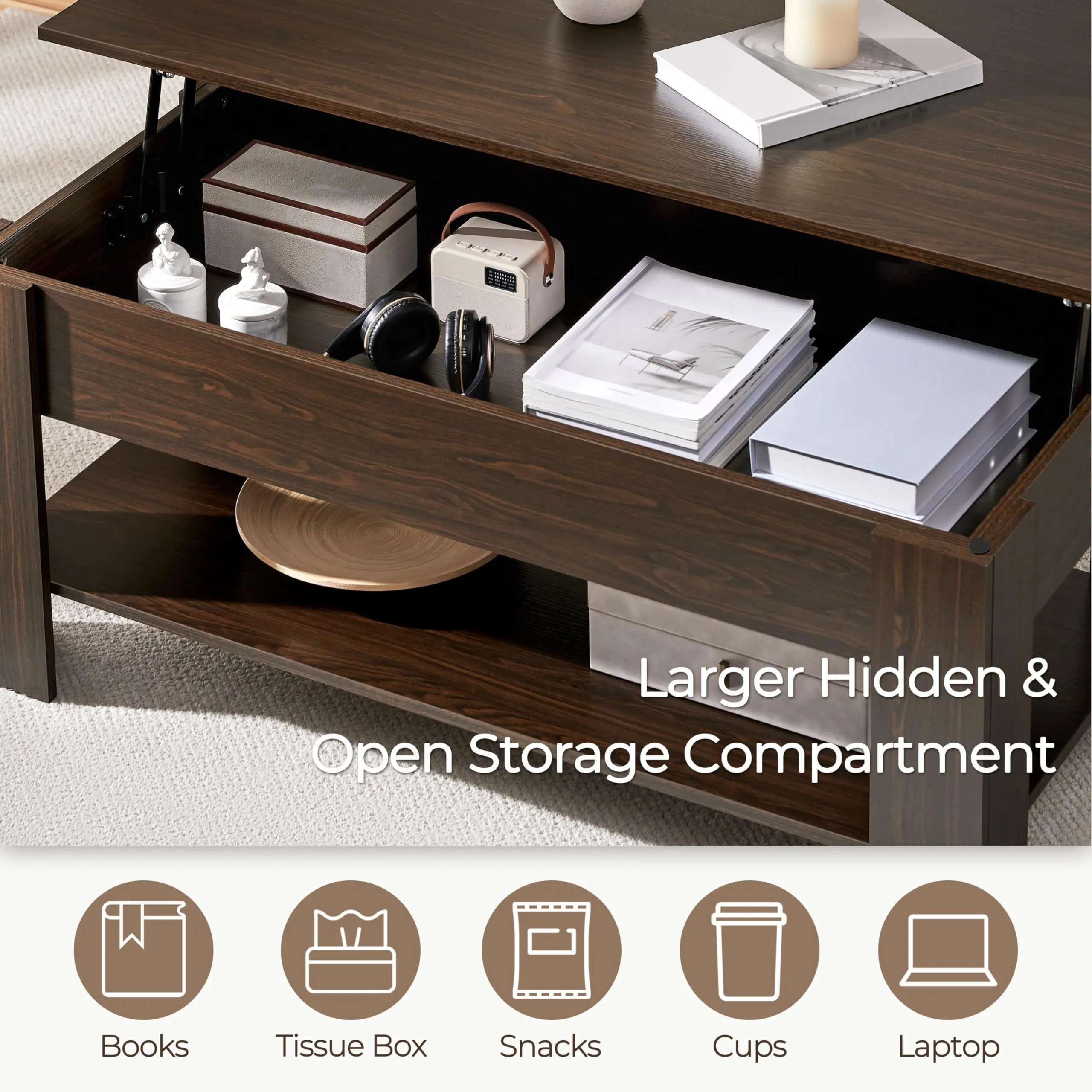 Yaheetech Tavolino da Caffè Sollevabile, 120 x 60 x 49,5-62,5 cm, Marrone - immagine 6