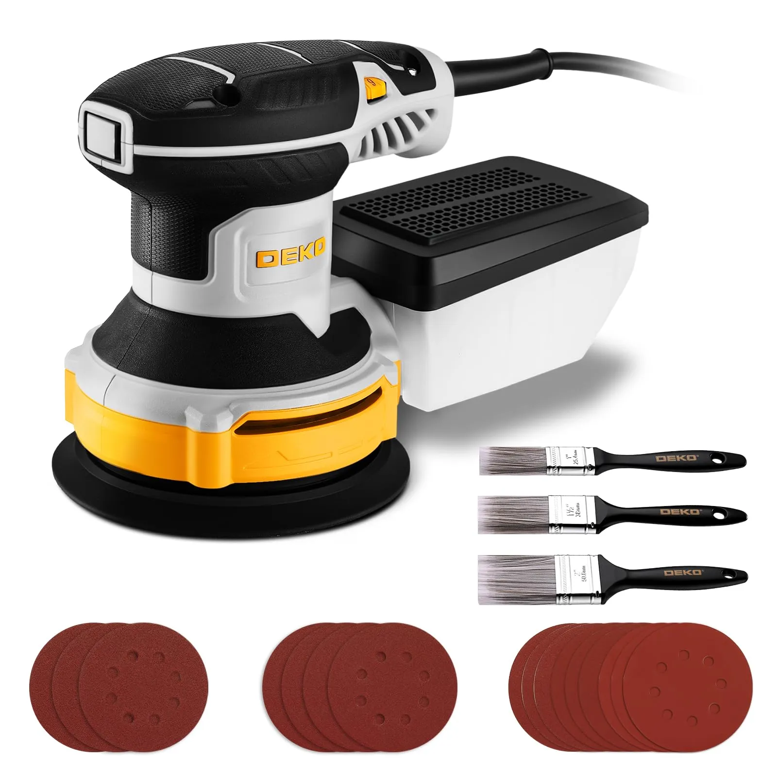 DEKOPRO Levigatrice Orbitale 300W, 6 Velocità Variabili 7000-14000RPM, 125mm, Nero Giallastro - immagine 1