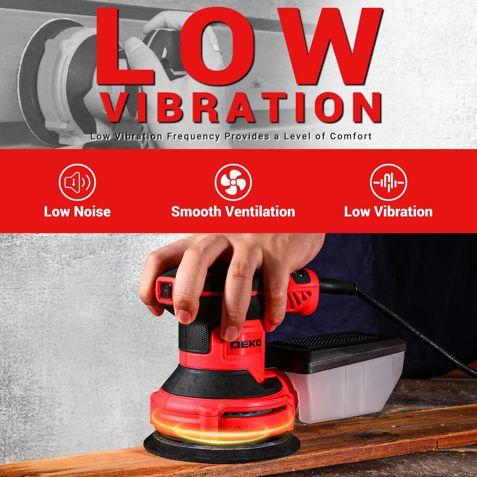 DEKOPRO Levigatrice Orbitale 300W, 6 velocità, 14000RPM, 125mm, Rosso - immagine 2