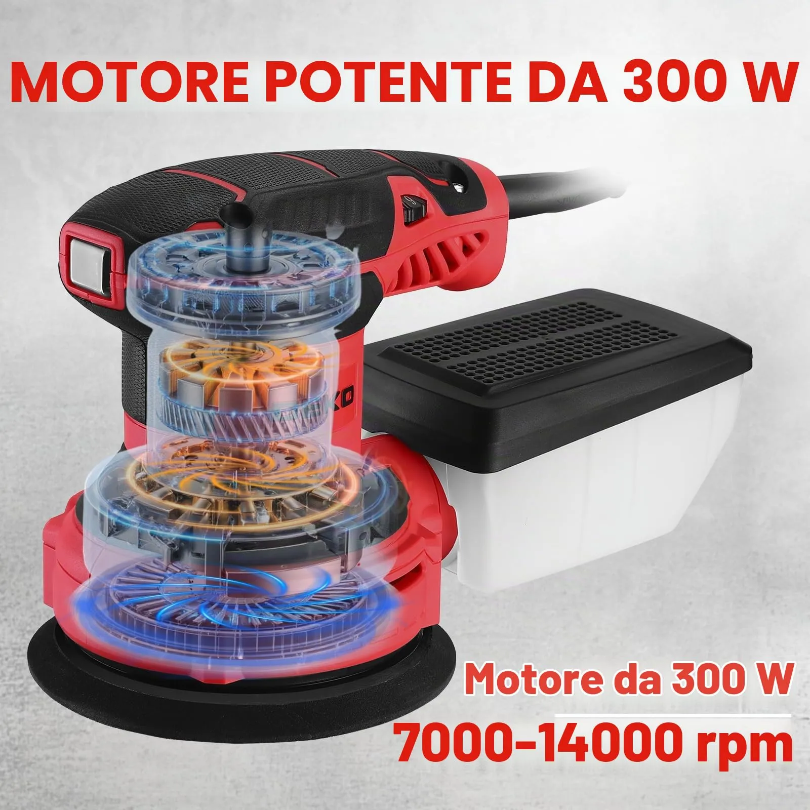 DEKOPRO Levigatrice Orbitale 300W, 6 velocità, 14000RPM, 125mm, Rosso - immagine 4