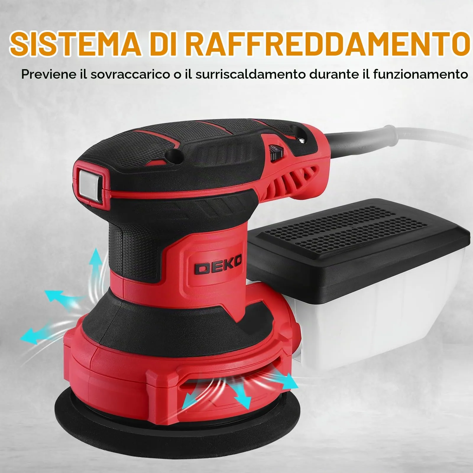 DEKOPRO Levigatrice Orbitale 300W, 6 velocità, 14000RPM, 125mm, Rosso - immagine 6