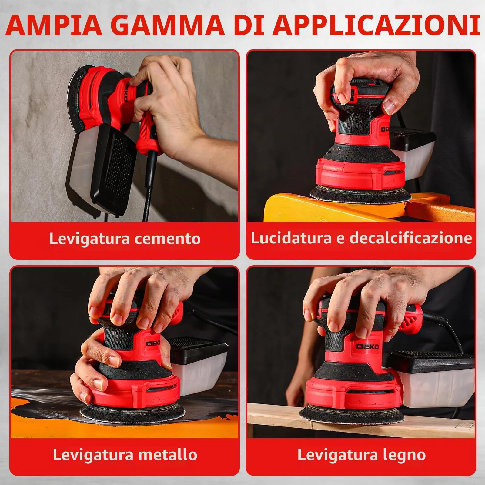 DEKOPRO Levigatrice Orbitale 300W, 6 velocità, 14000RPM, 125mm, Rosso - immagine 9