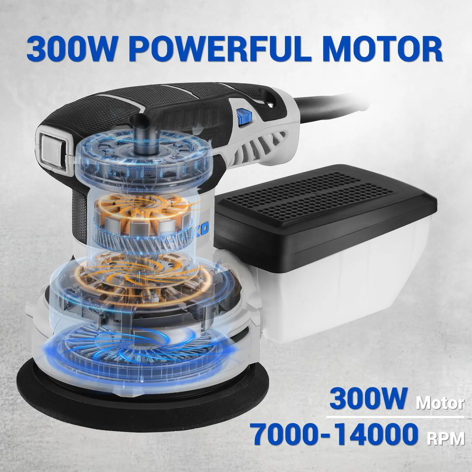 DEKOPRO Levigatrice Orbitale 300W, 6 Velocità, 14000RPM, 125mm (Blu Grigio) - immagine 4
