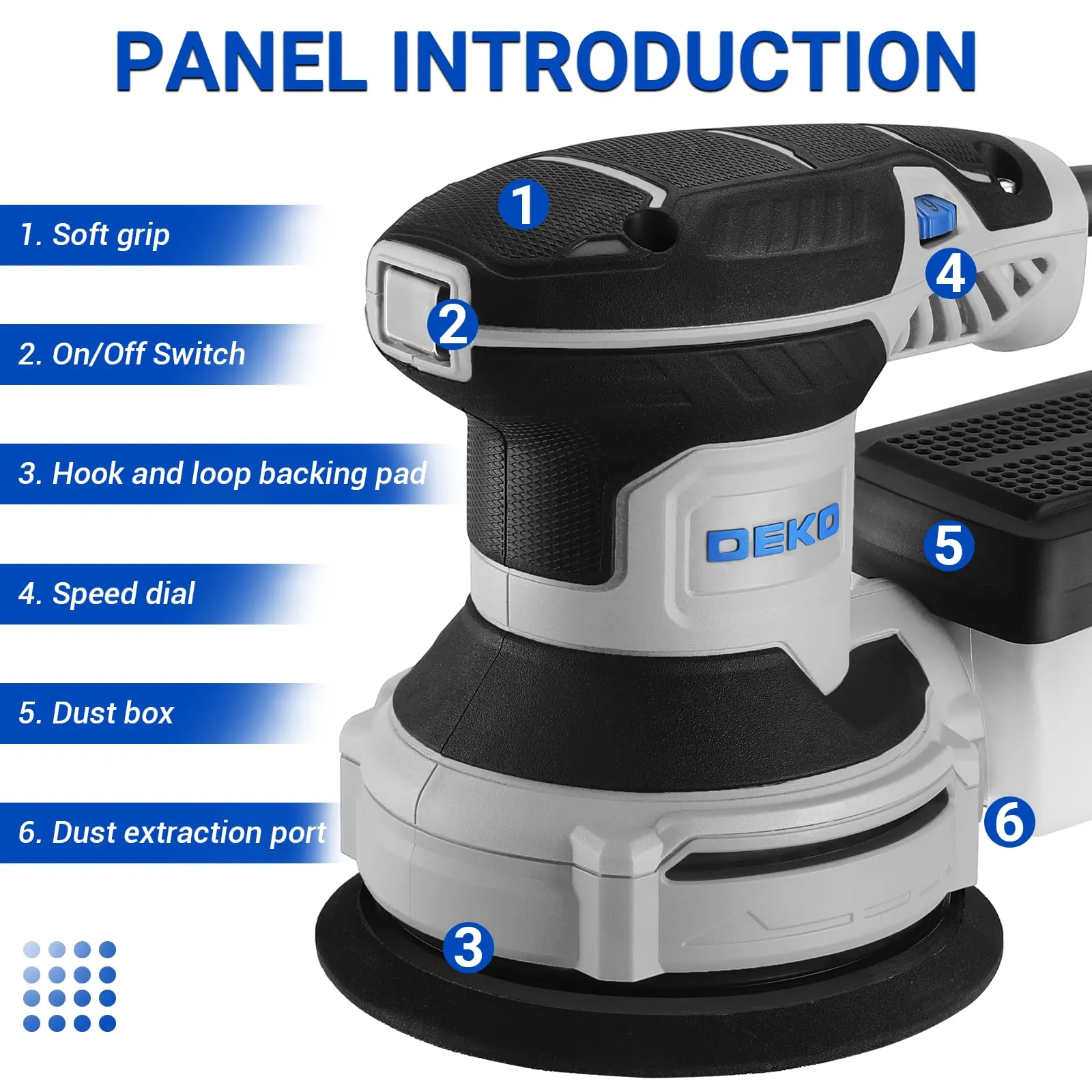 DEKOPRO Levigatrice Orbitale 300W, 6 Velocità, 14000RPM, 125mm (Blu Grigio) - immagine 5