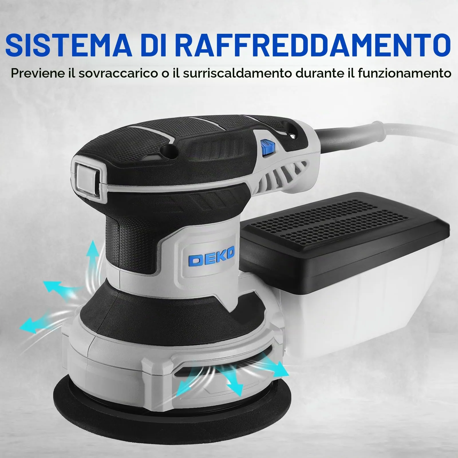 DEKOPRO Levigatrice Orbitale 300W, 6 Velocità, 14000RPM, 125mm (Blu Grigio) - immagine 8
