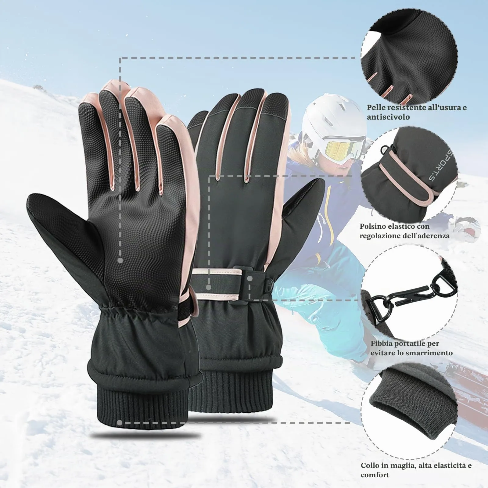Andiker Guanti da Sci Invernali da Donna, Impermeabili con Touchscreen e Antiscivolo, Grigio e Rosa, Taglia Unica - immagine 3