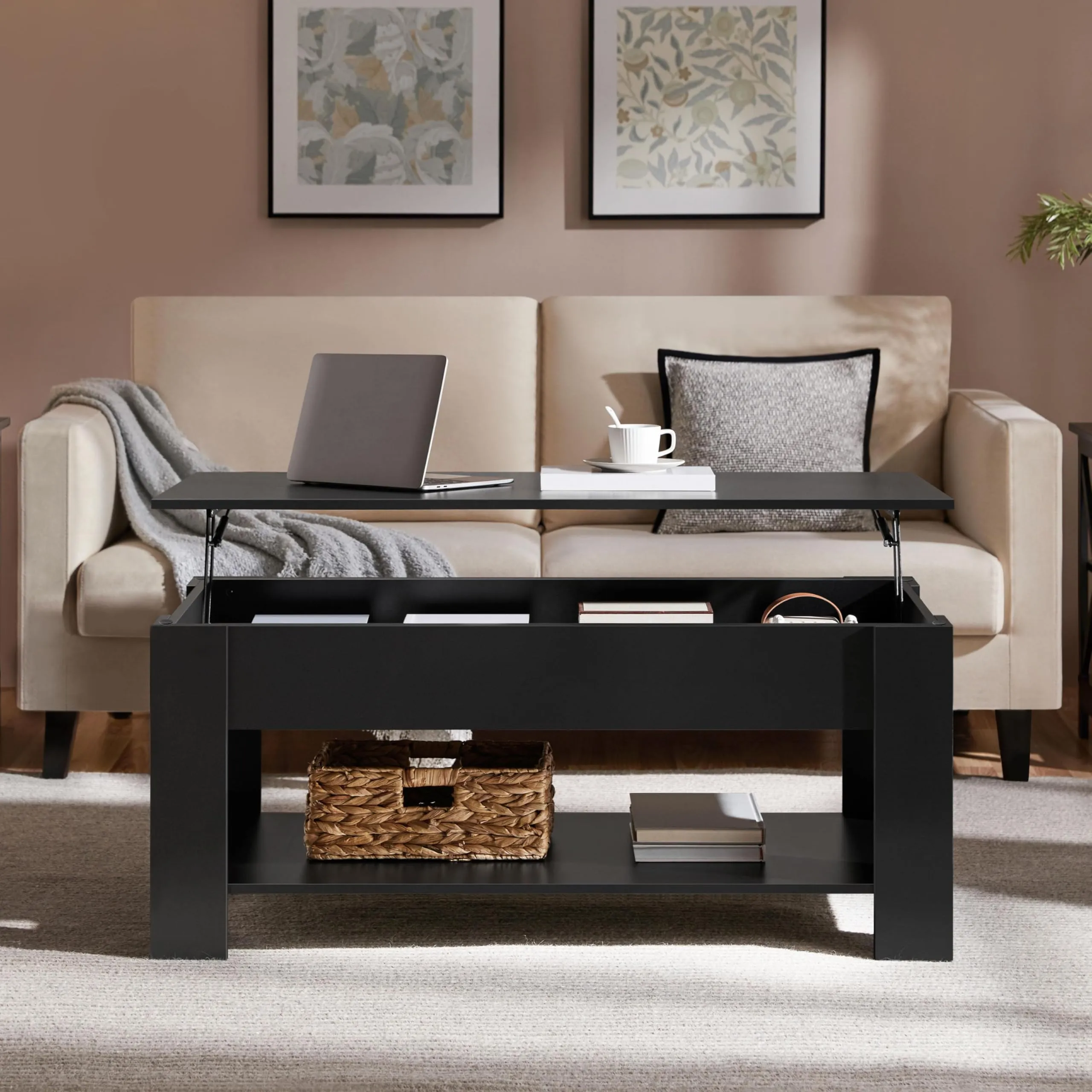 Yaheetech Tavolino da Caffè sollevabile, 120 x 60 x 49,5-62,5 cm, Nero - immagine 2