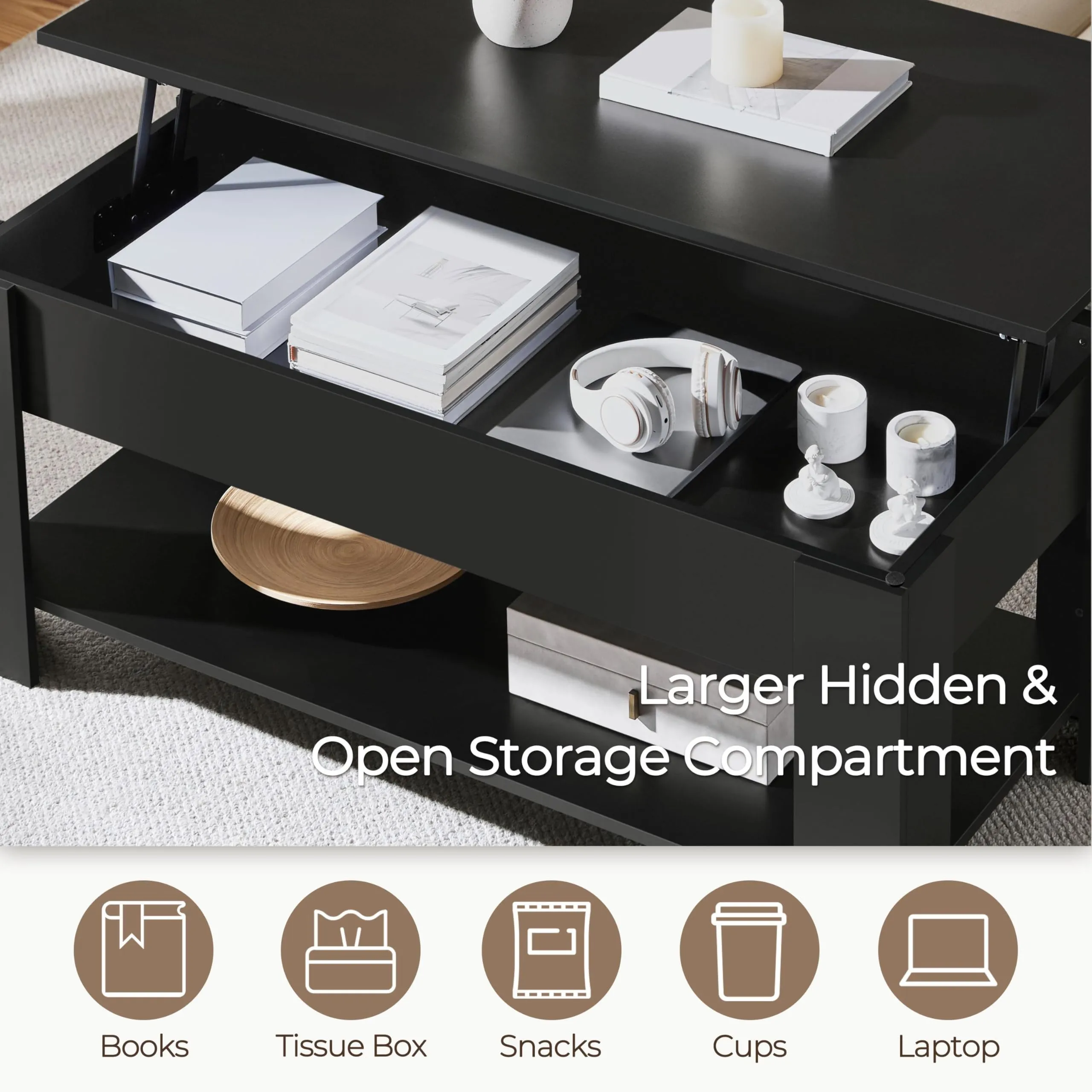 Yaheetech Tavolino da Caffè sollevabile, 120 x 60 x 49,5-62,5 cm, Nero - immagine 6