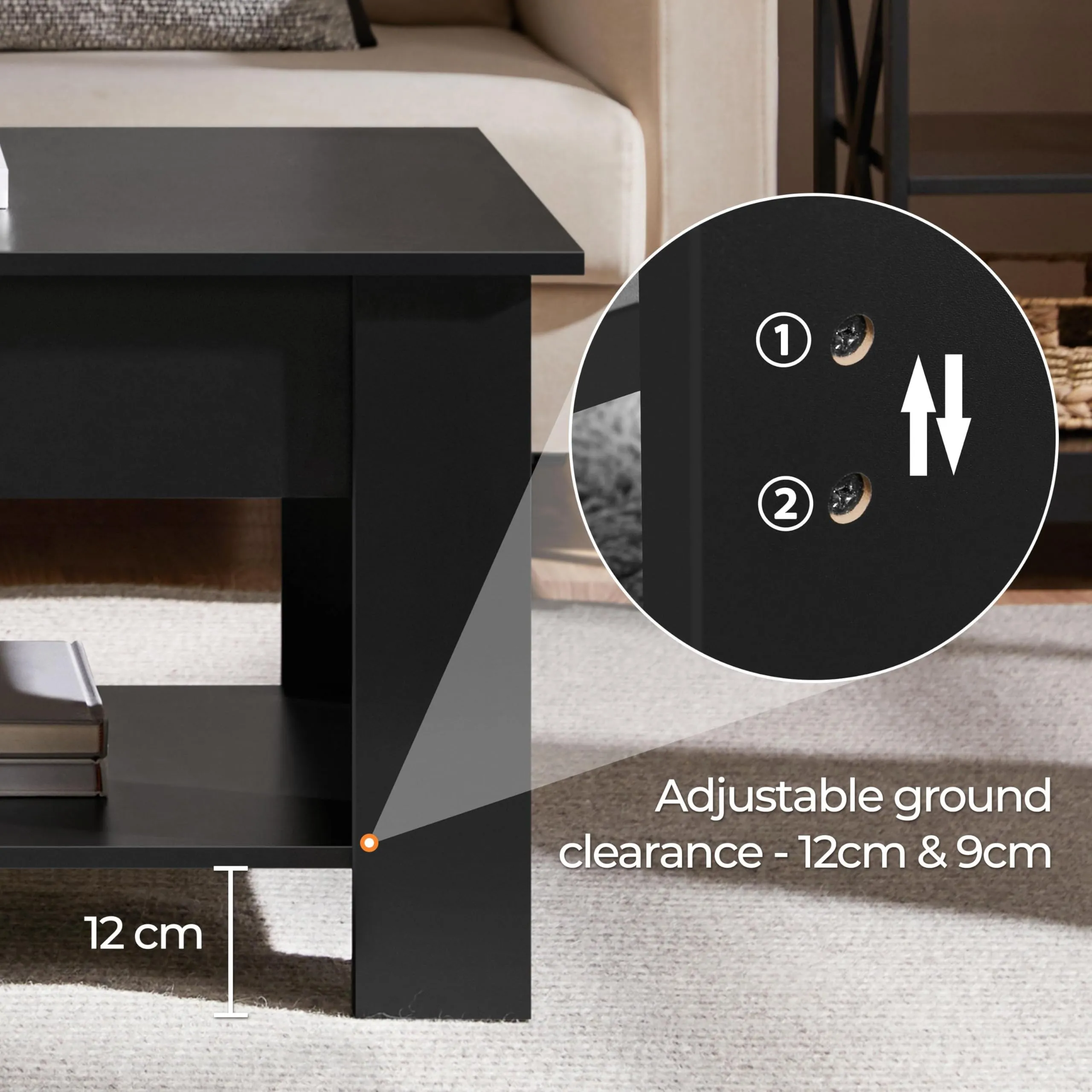 Yaheetech Tavolino da Caffè sollevabile, 120 x 60 x 49,5-62,5 cm, Nero - immagine 8