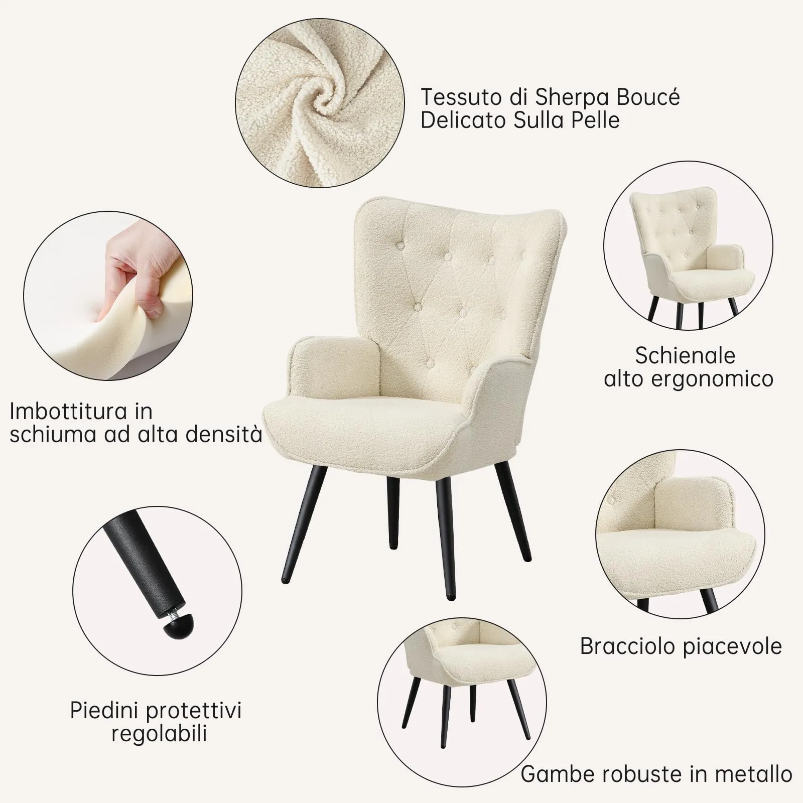 Ckaff Set di 2 Poltrone Salotto Imbottite Scandinave in Sherpa Bouclé con Braccioli e Schienale Alto, Bianco - immagine 4