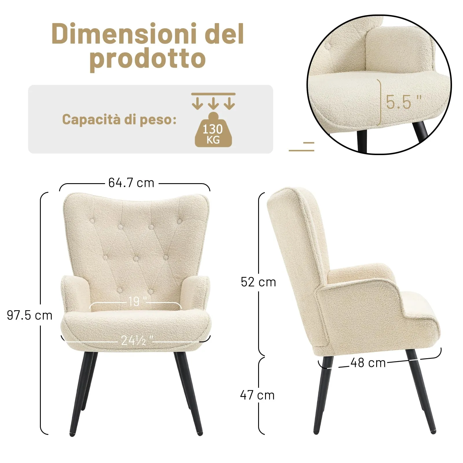 Ckaff Set di 2 Poltrone Salotto Imbottite Scandinave in Sherpa Bouclé con Braccioli e Schienale Alto, Bianco - immagine 7