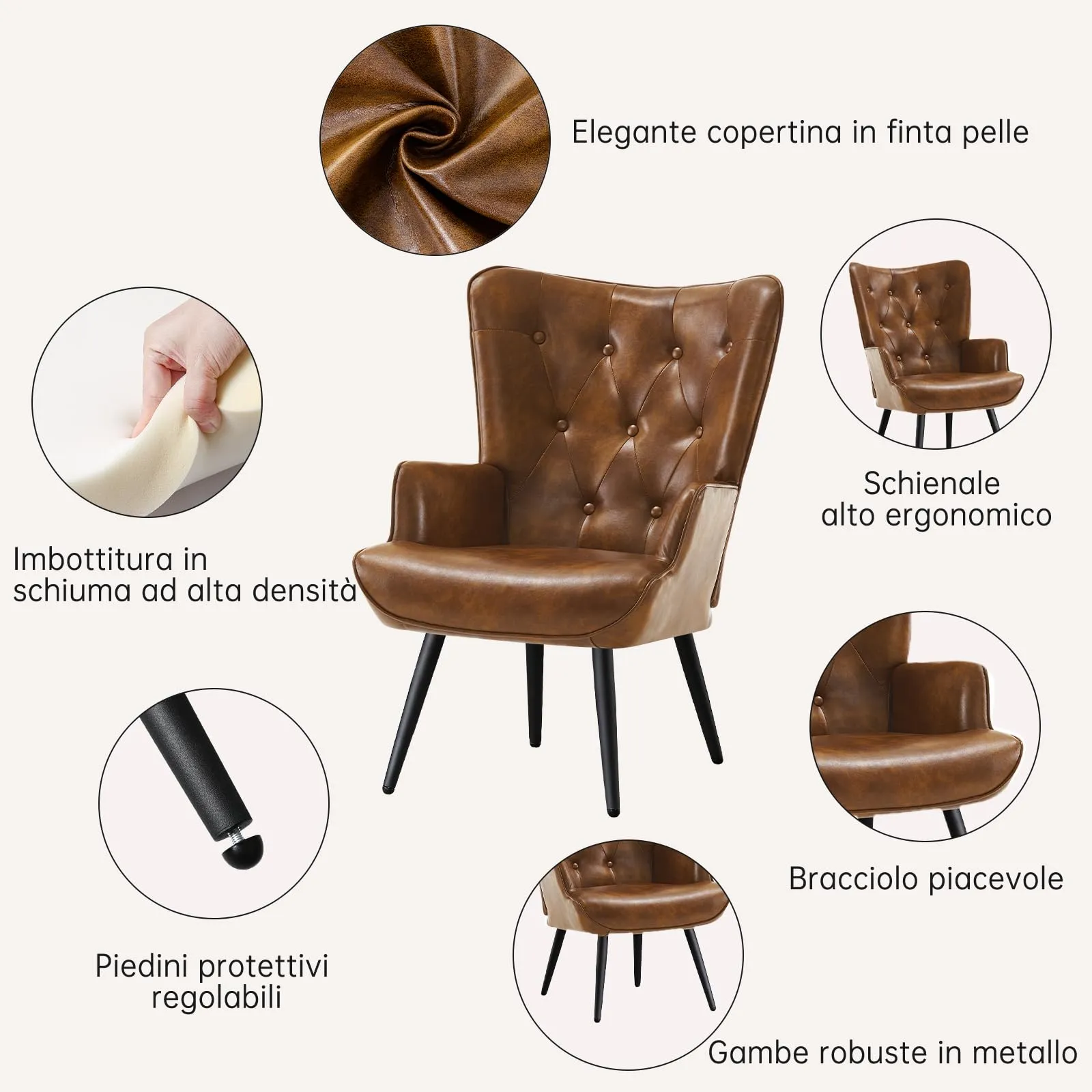 Ckaff Set di 2 Poltrone Salotto in Finta Pelle, Design Scandinavo con Braccioli e Schienale Alto, Marrone - immagine 4