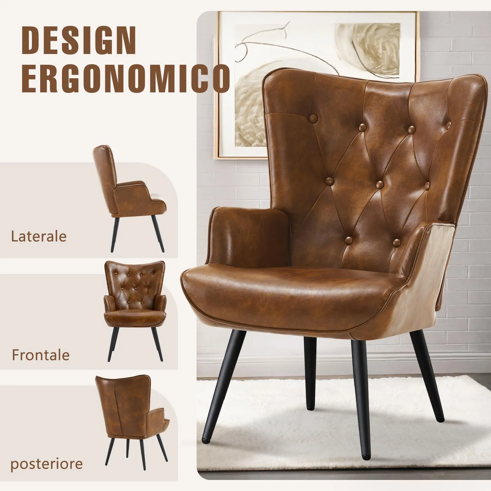 Ckaff Set di 2 Poltrone Salotto in Finta Pelle, Design Scandinavo con Braccioli e Schienale Alto, Marrone - immagine 6