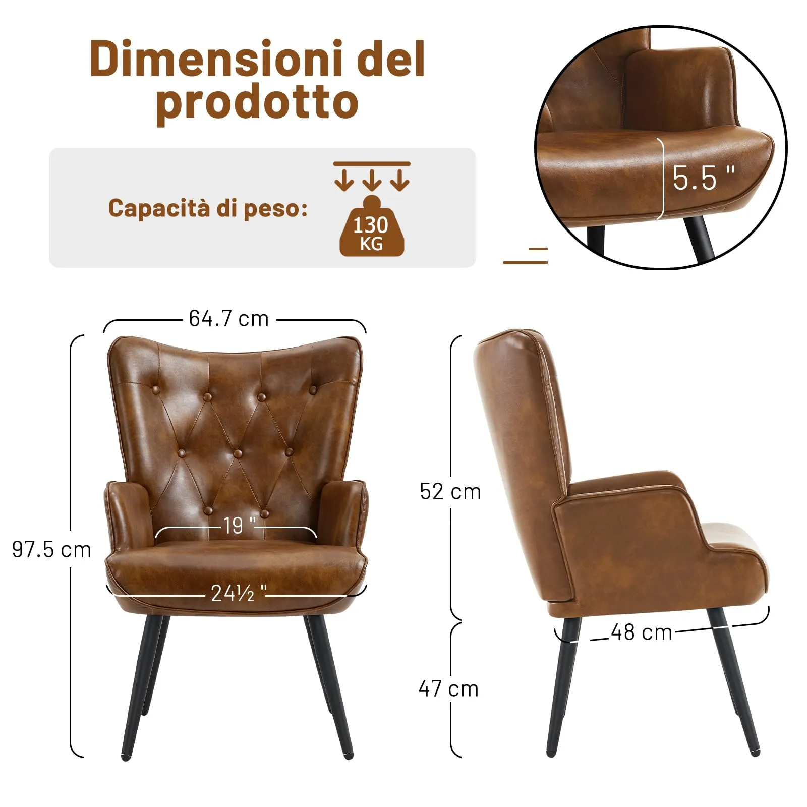 Ckaff Set di 2 Poltrone Salotto in Finta Pelle, Design Scandinavo con Braccioli e Schienale Alto, Marrone - immagine 7