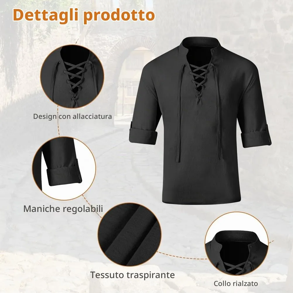 BSBUY Camicia Medievale Rinascimentale da Uomo in Cotone, Stile Pirata Gotico con Lacci, Nero - immagine 3