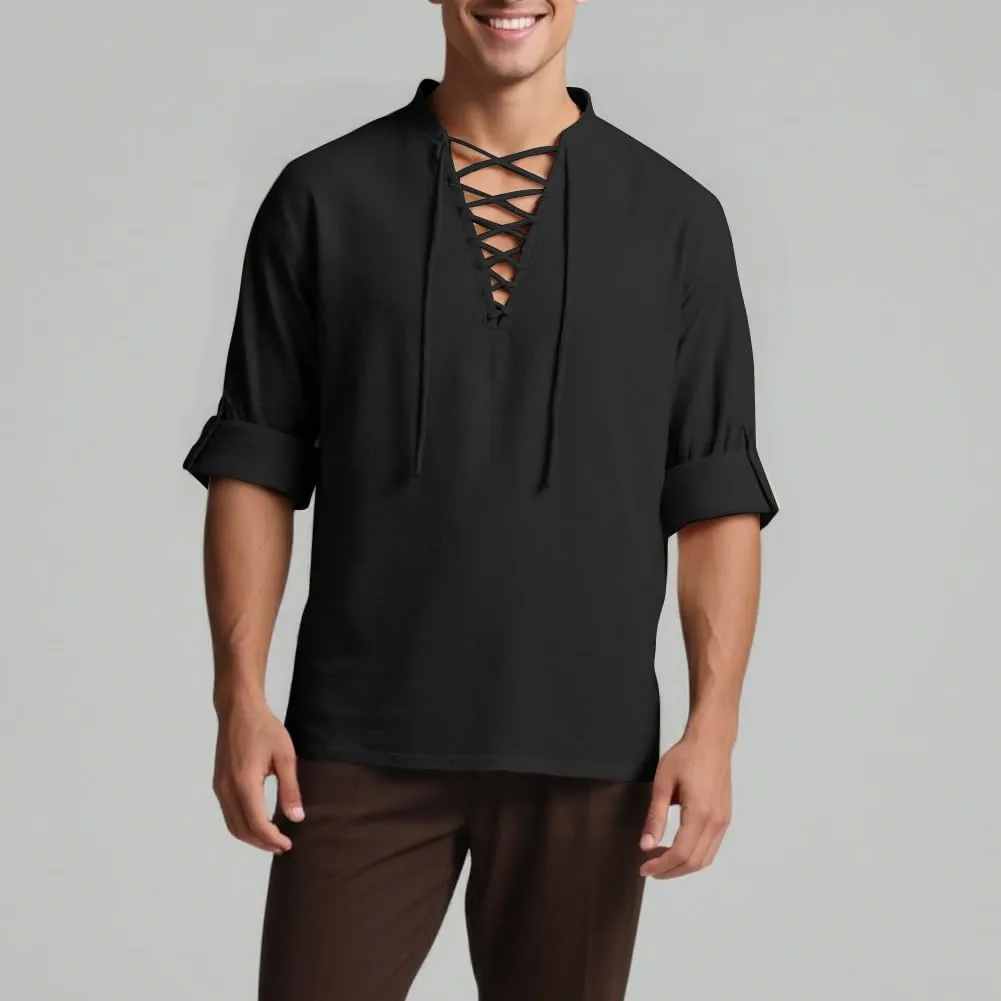 BSBUY Camicia Medievale Rinascimentale da Uomo in Cotone, Stile Pirata Gotico con Lacci, Nero - immagine 6